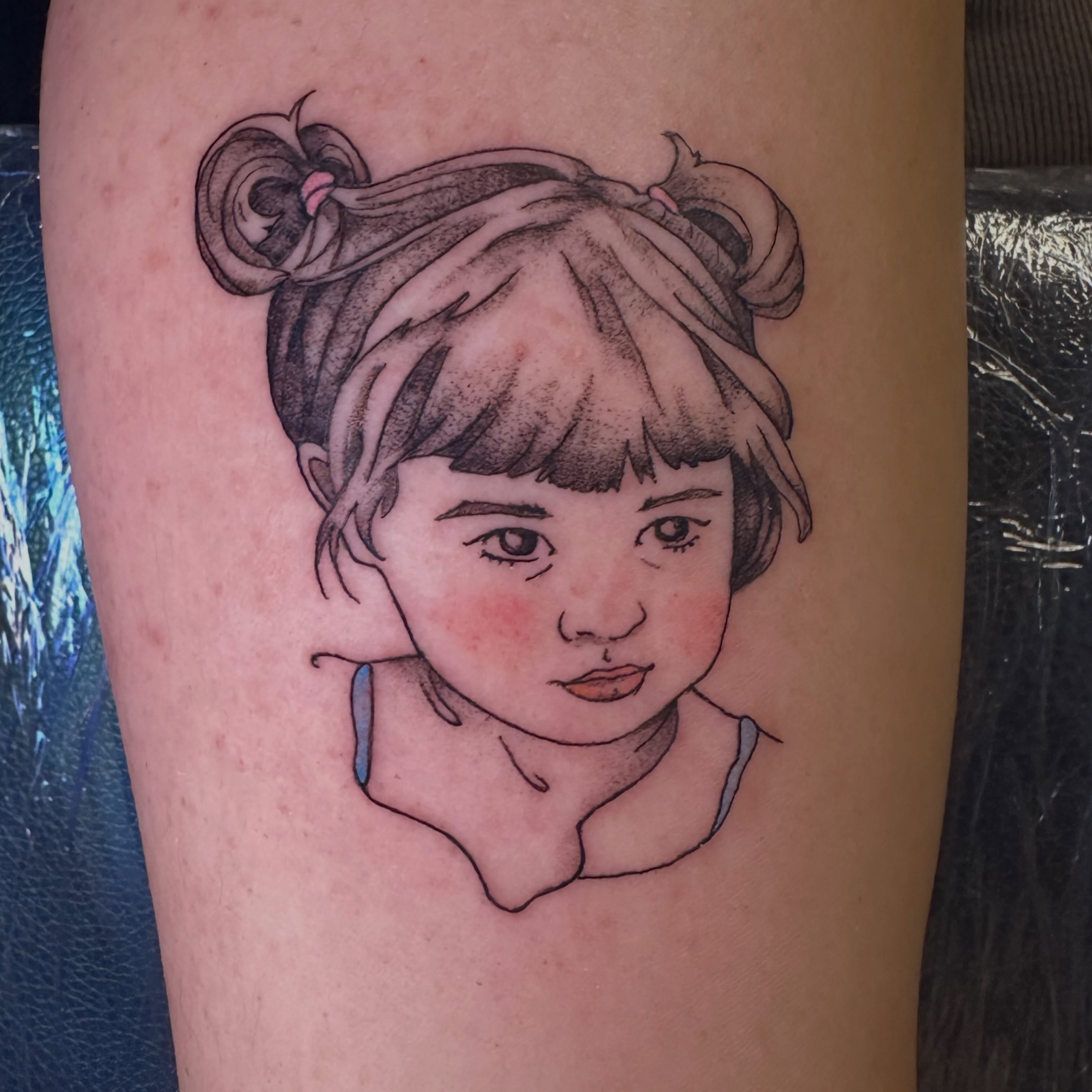 Child portrait dotwork tattoo on the thigh by Sam, Mount Laurel, New Jersey