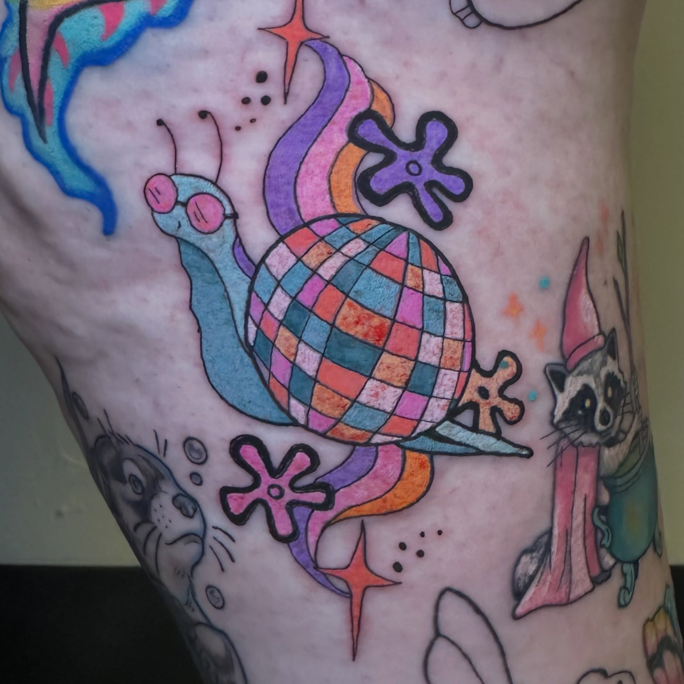Snail dotwork tattoo on the thigh by Sam, Mount Laurel, New Jersey