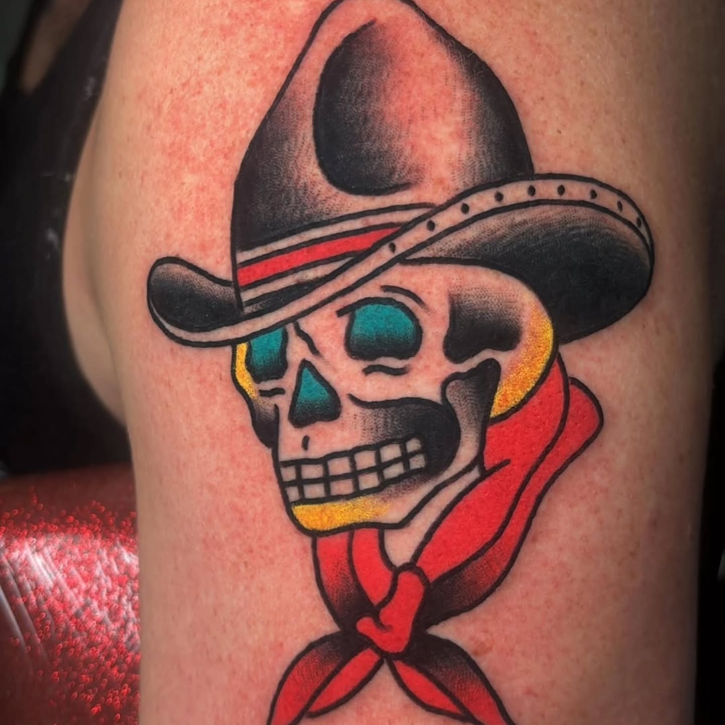Skull wearing sombrero American traditional tattoo on the forearm by Don Lee