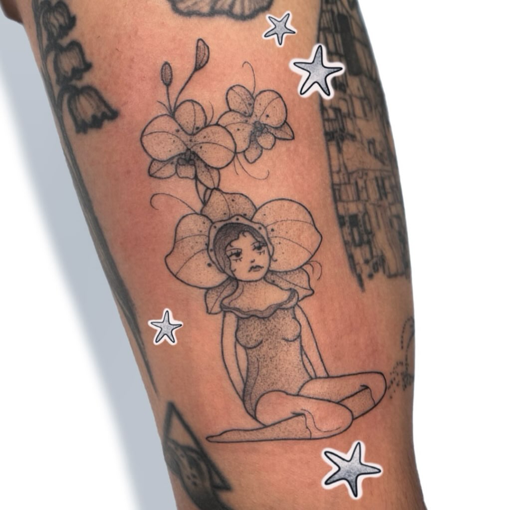Fairy and flowers illustrative tattoo on the forearm by Jules ๐โโฌ, Chicago, Illinois