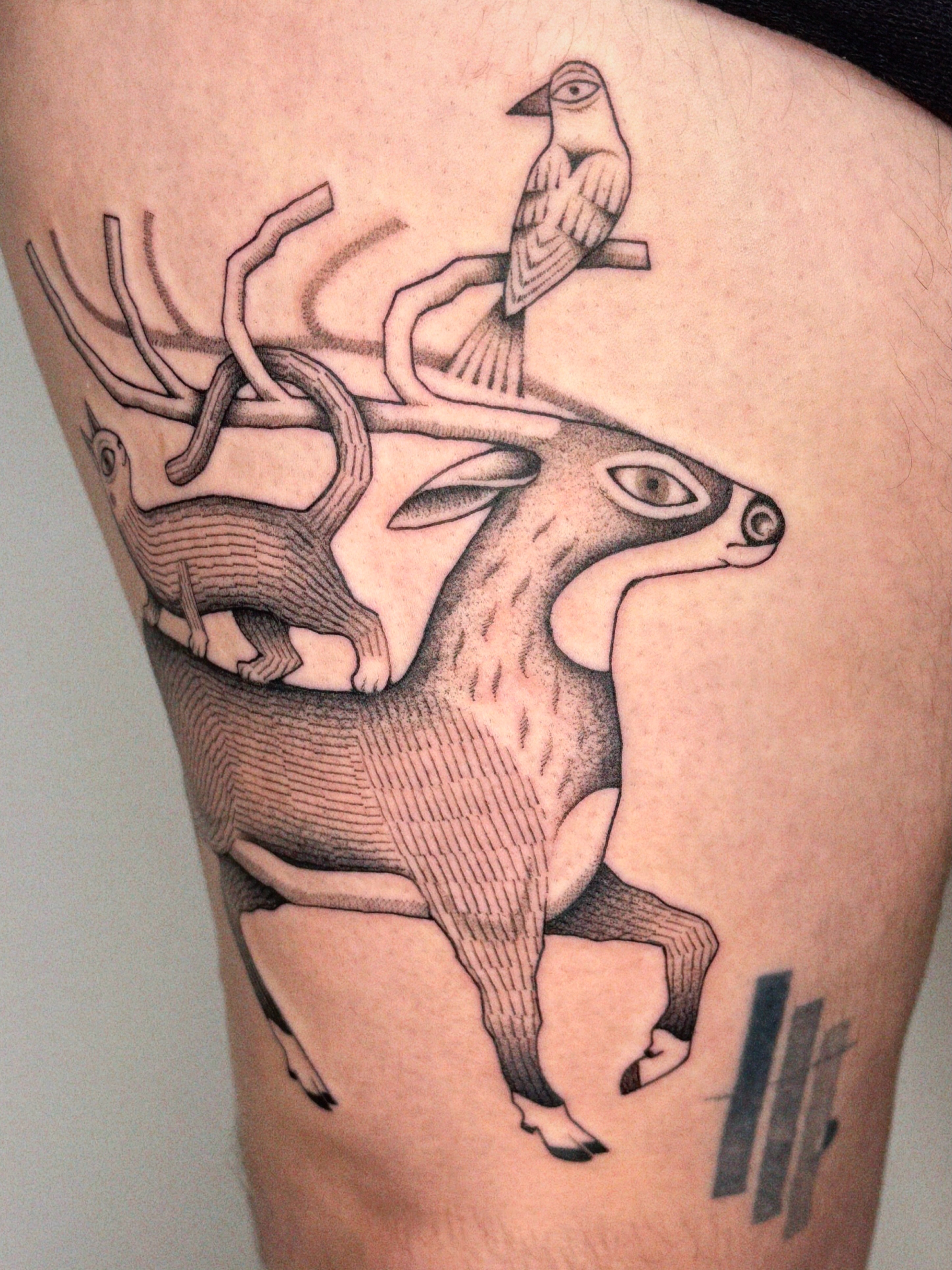 Deer and bird realism tattoo on the thigh by @inkshame
