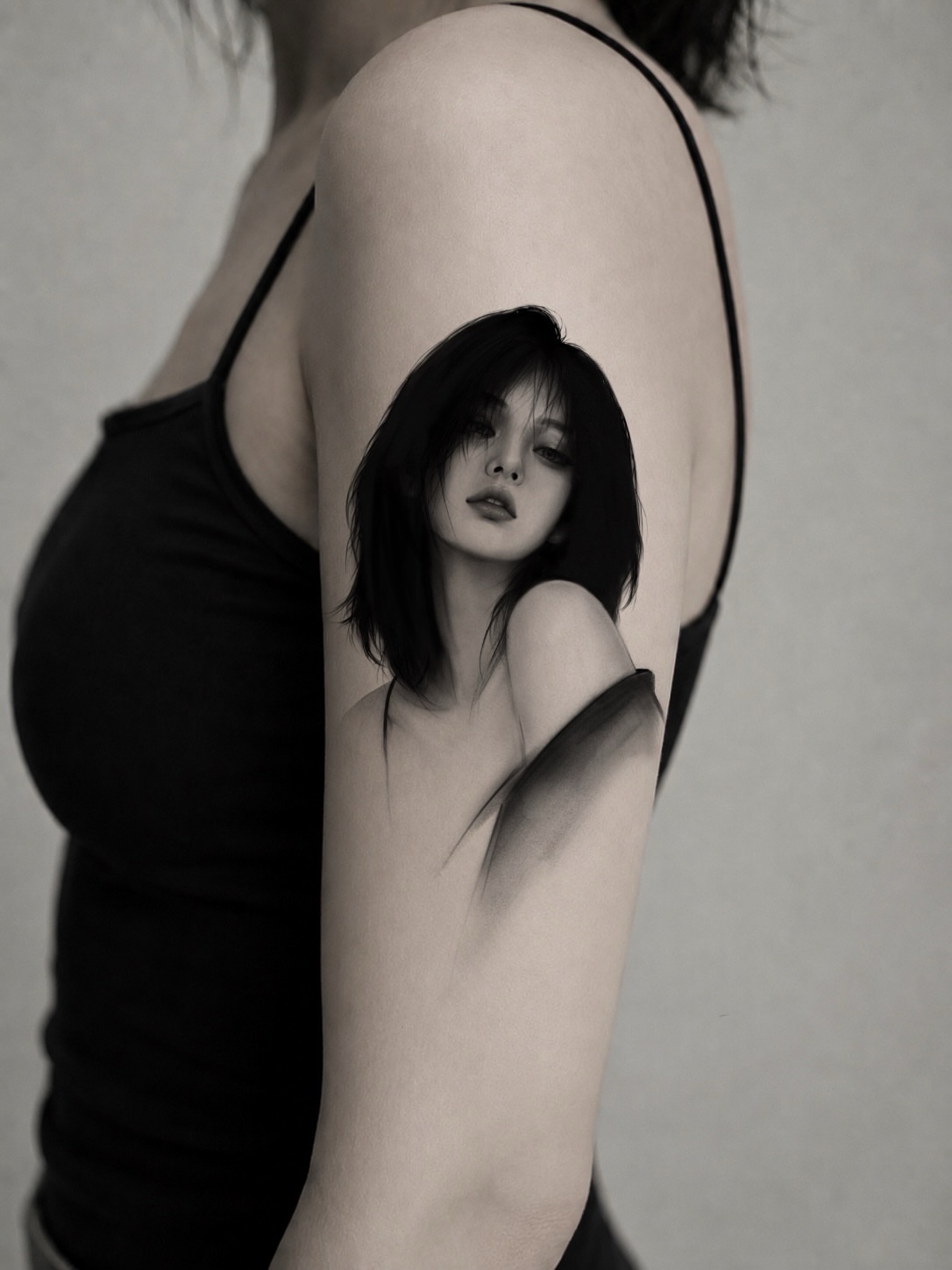 Portrait black and grey tattoo on the upper arm by Alexey Molyarenko
