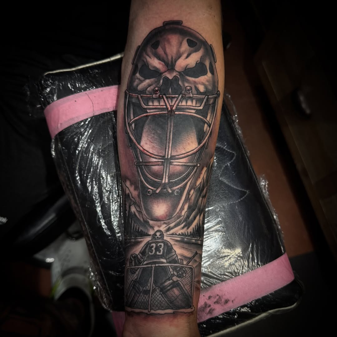 Ice hockey goalie realism tattoo on the forearm by Cory Haberman