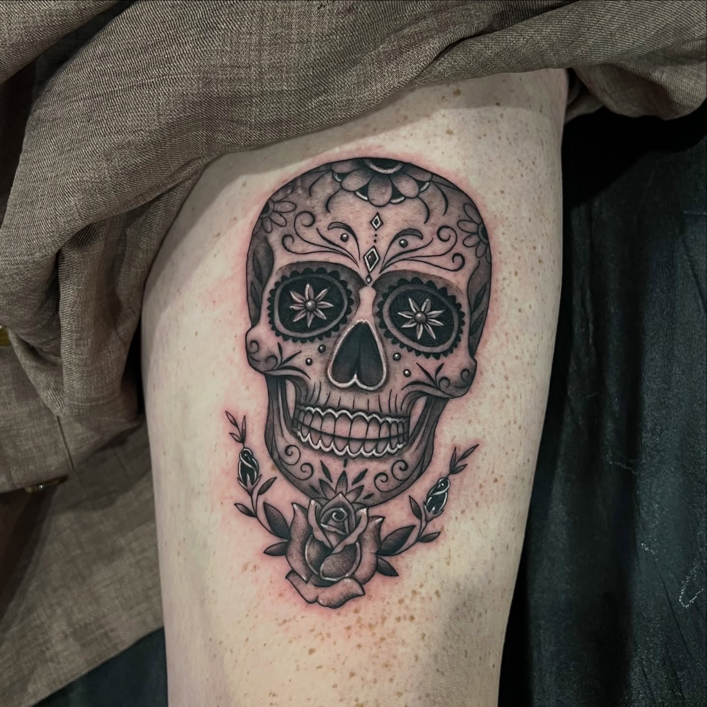 Sugar skull Chicano tattoo on the thigh by ⚒dptattoos ⚒, East Williamsburg, Brooklyn