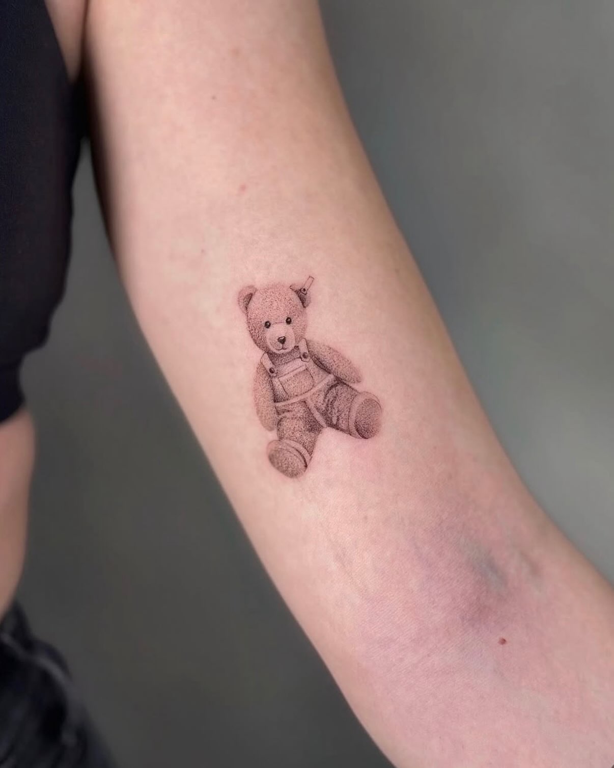 Teddy bear realism tattoo on the forearm by Karina ⋆⭒˚.⋆