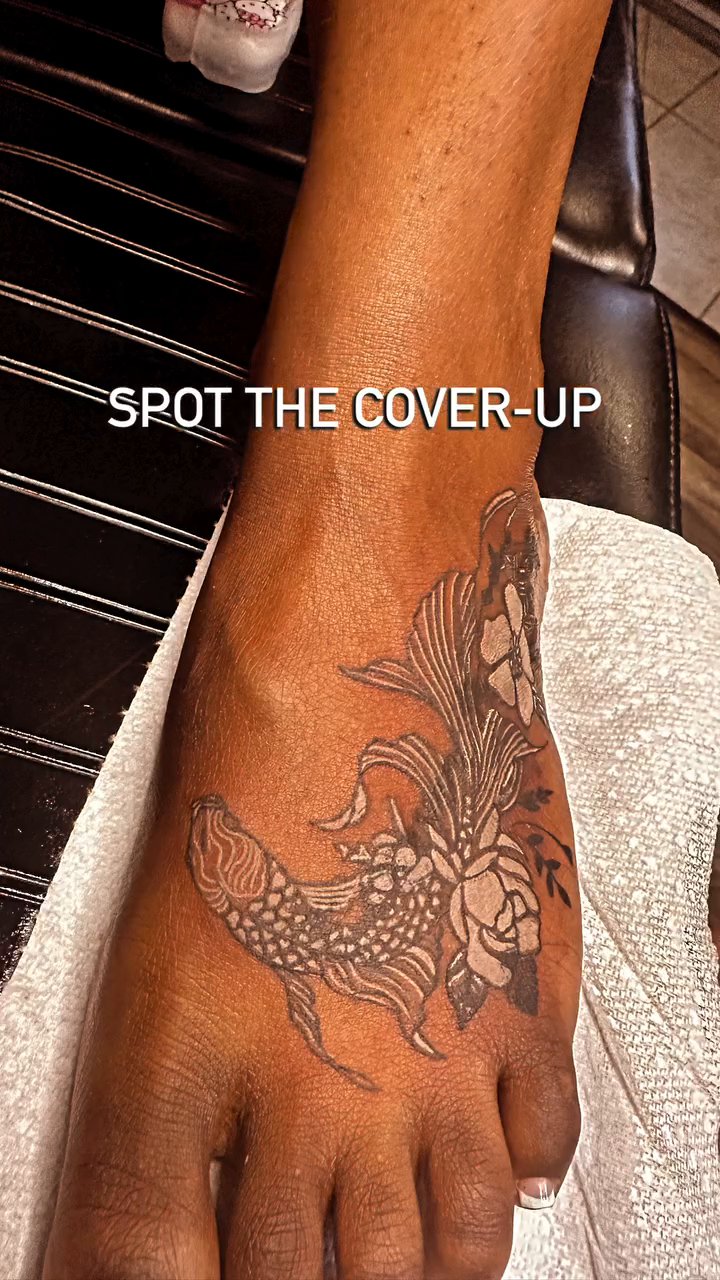Koi fish and flowers fine line tattoo on the foot by Engel Zurc