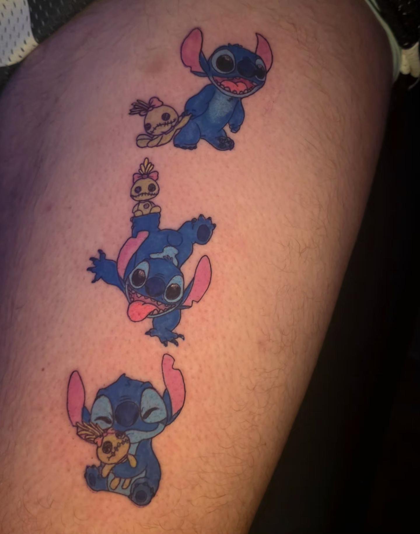 Stitch new school tattoo on the thigh by Karley Michelle Moody