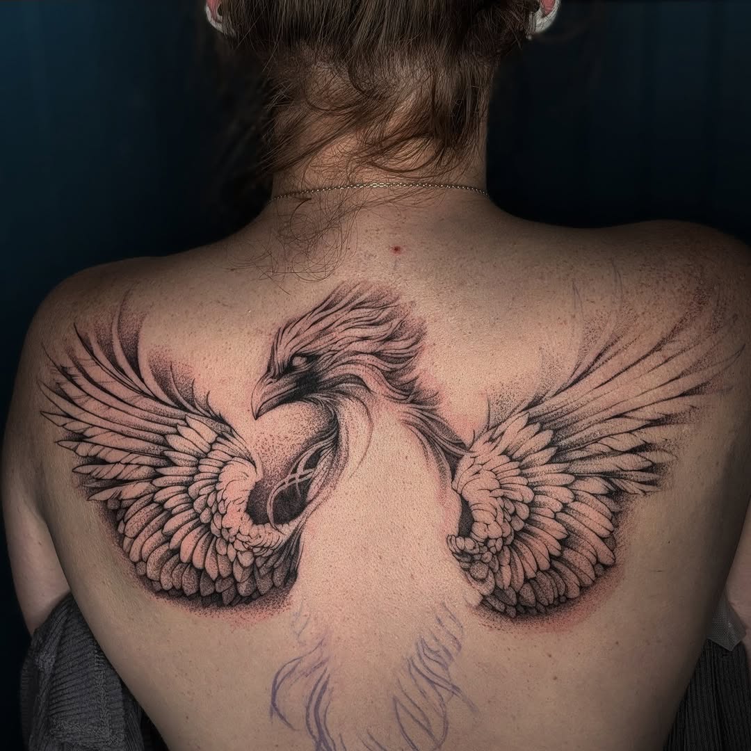 Phoenix fine line tattoo on the back by ʀᴇɴ ᴛʀᴏᴜᴠᴀɪʟʟᴇ