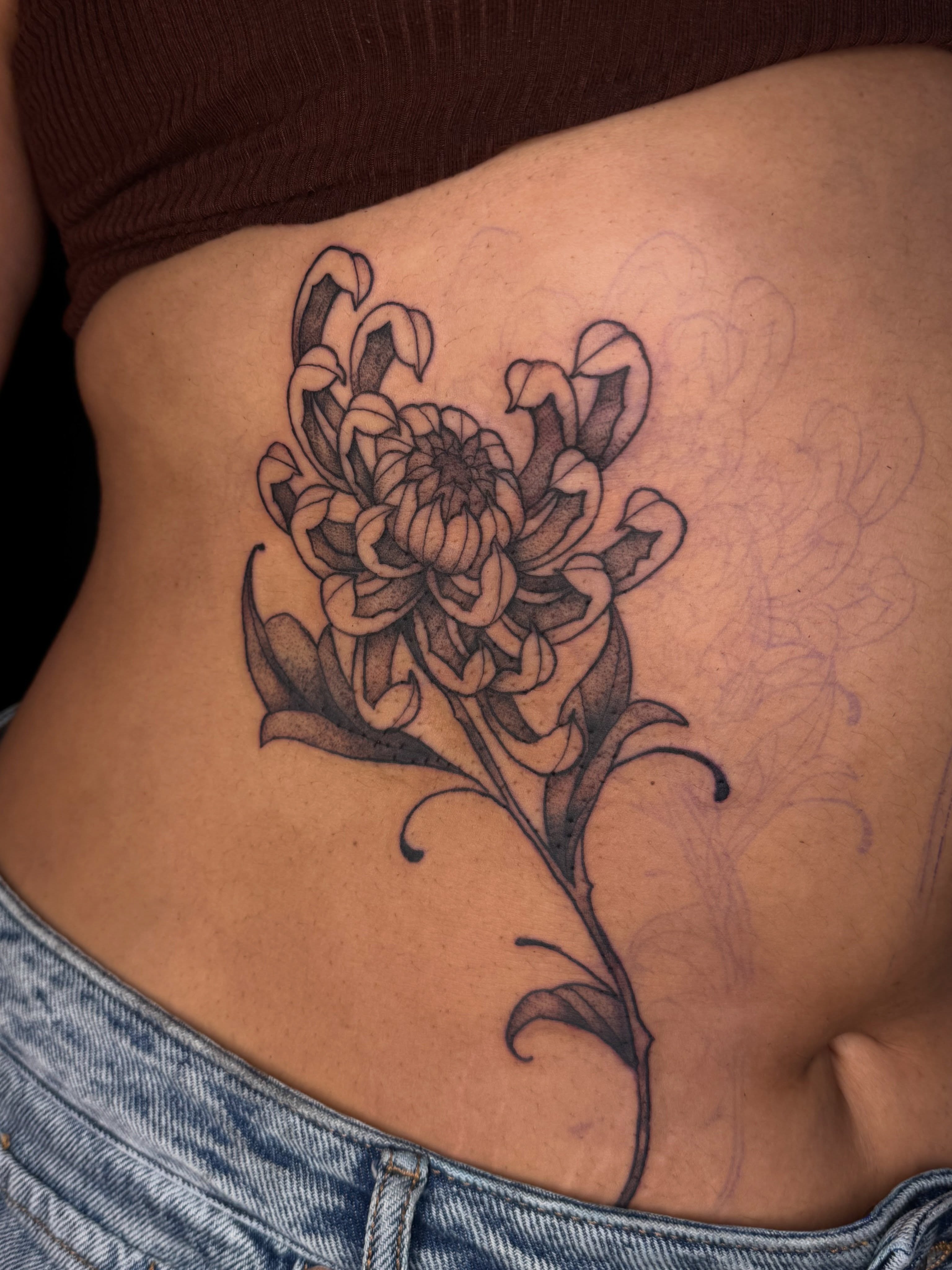 Chrysanthemum black and grey tattoo on the ribs by ✧˖°. Jordan