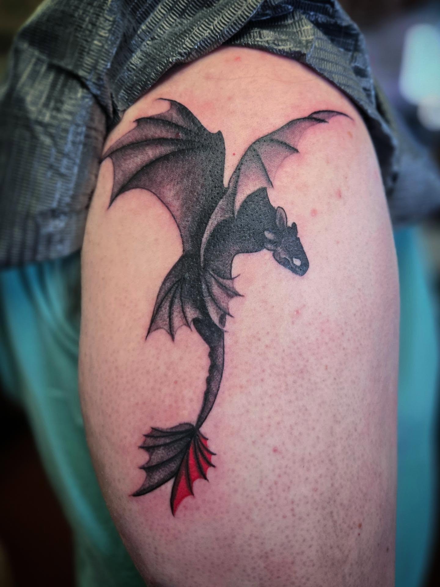 Dragon black and grey tattoo on the thigh by Irma π€β¨, Las Vegas, Nevada