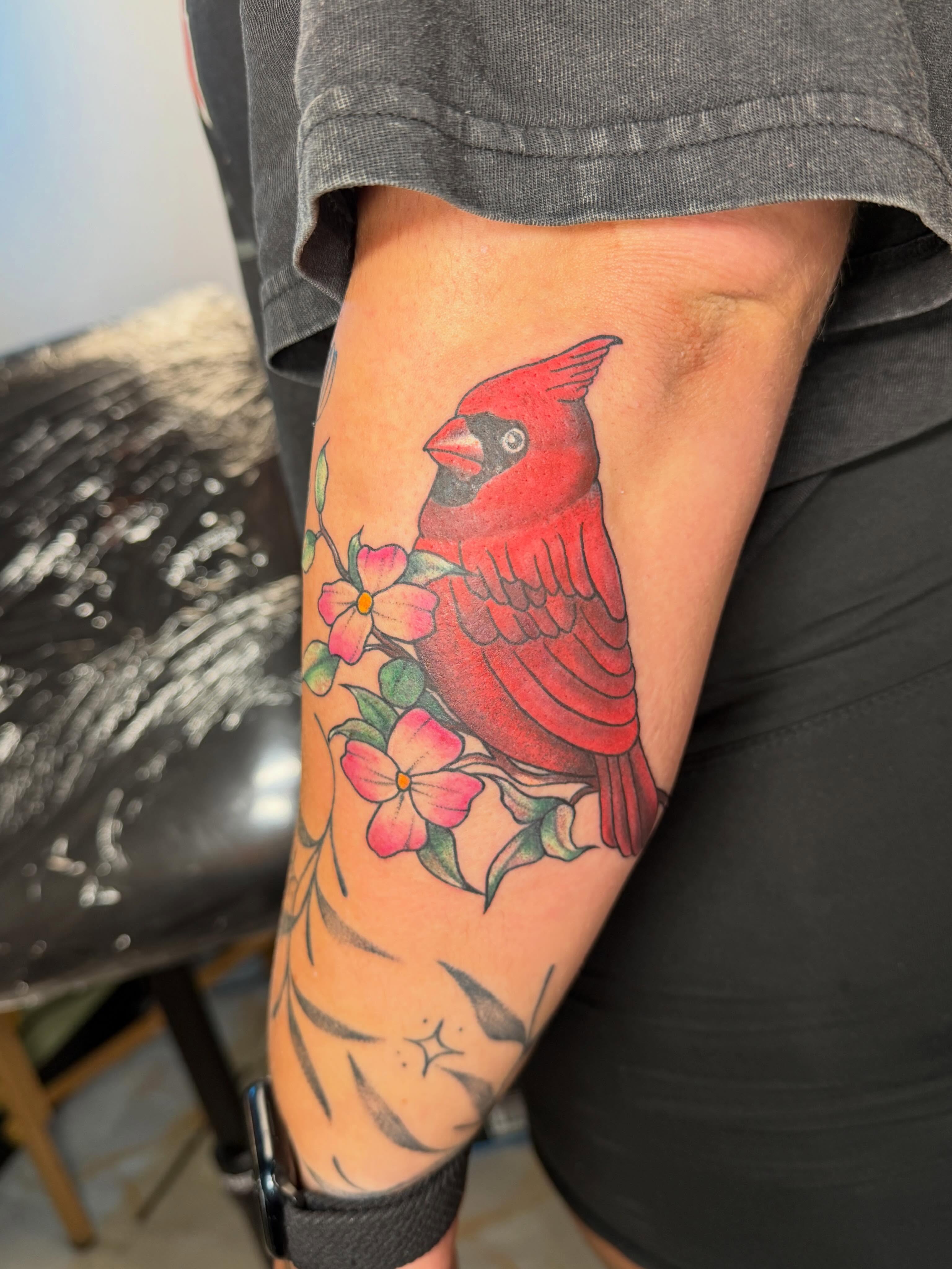 Cardinal bird American traditional tattoo on the forearm by Abby