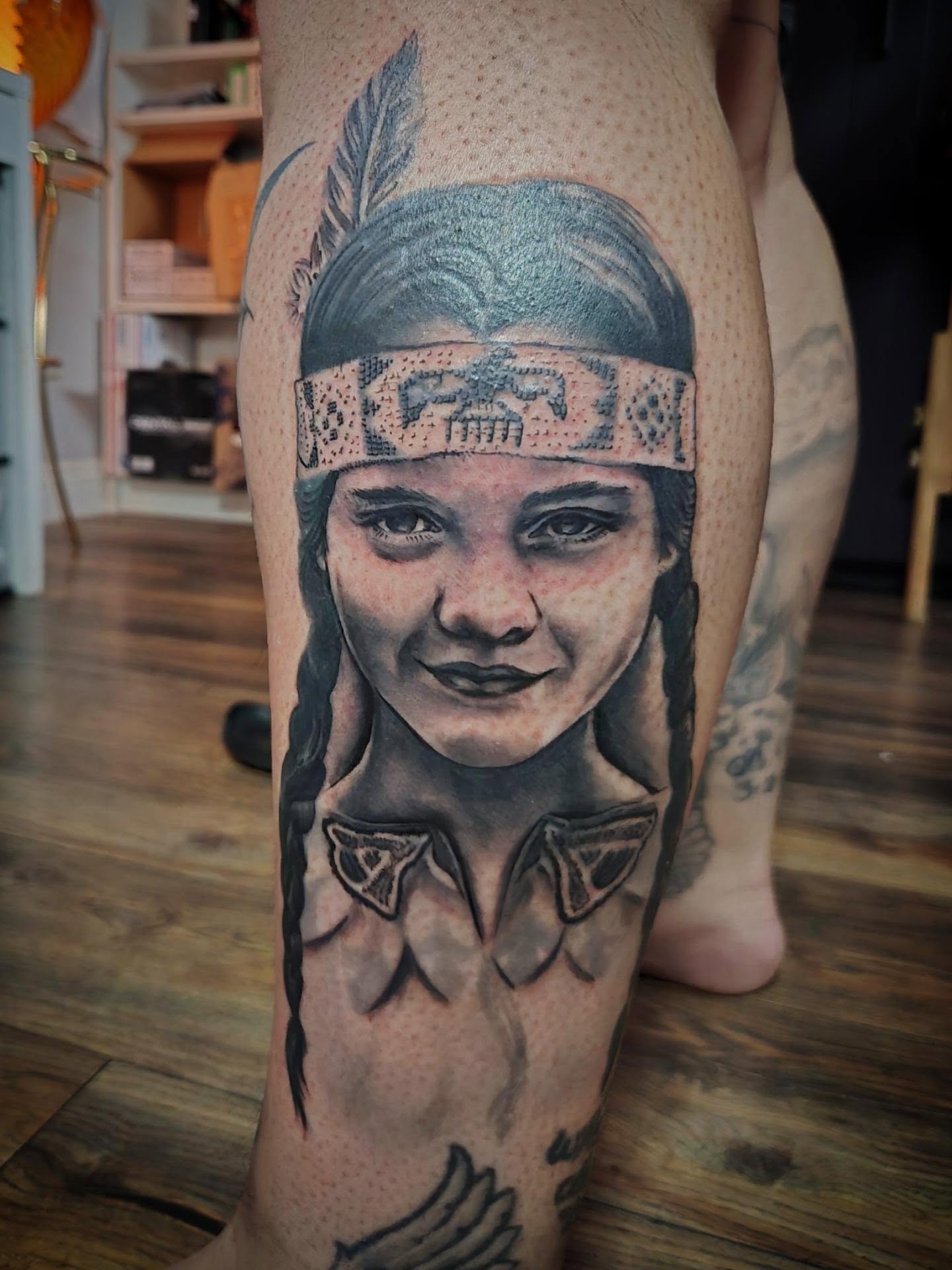 Indigenous woman realism tattoo on the thigh by Irma π€β¨, Las Vegas, Nevada