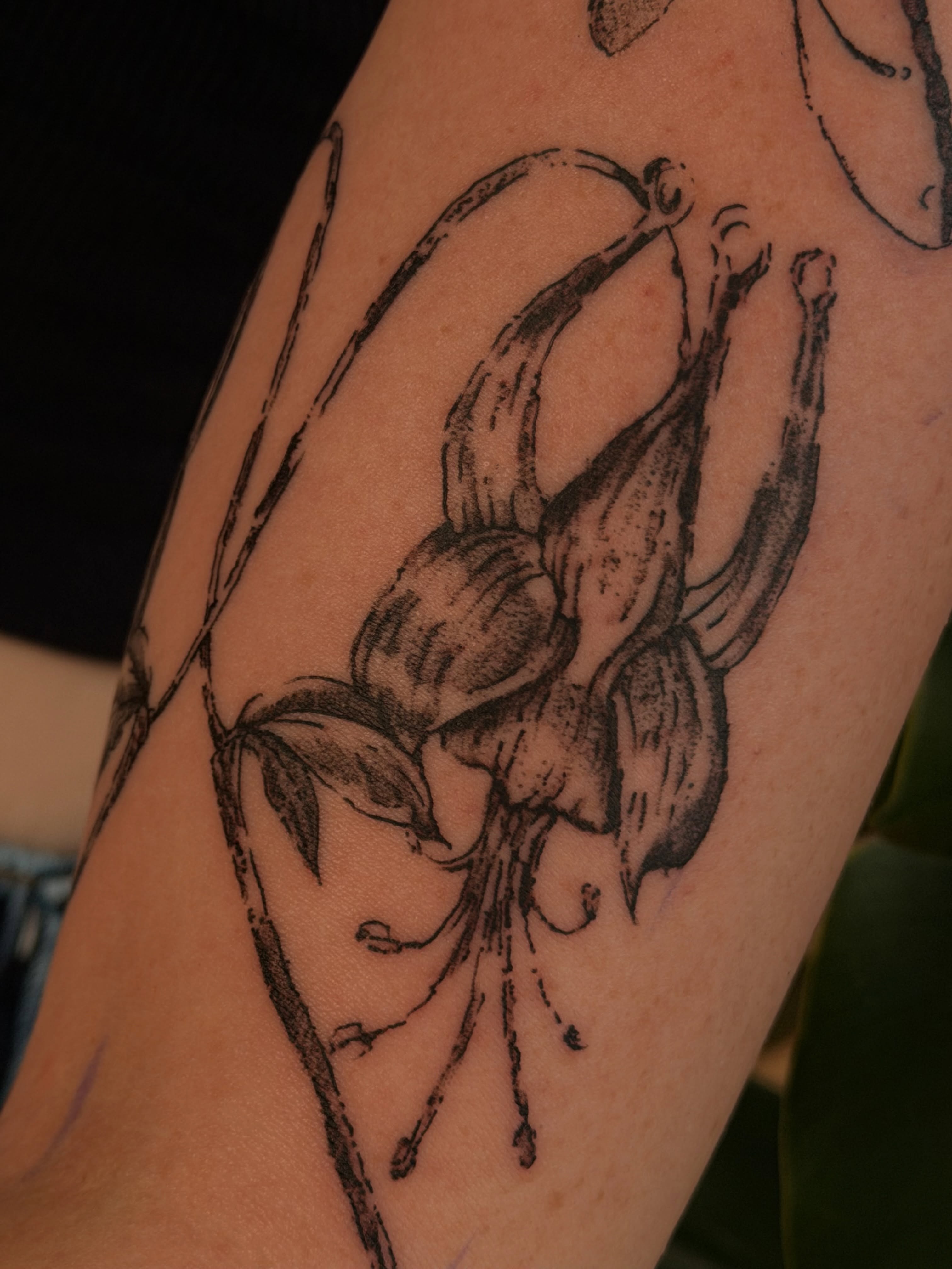 Orchid black and grey tattoo on the forearm by Babymaxy Inks Llc