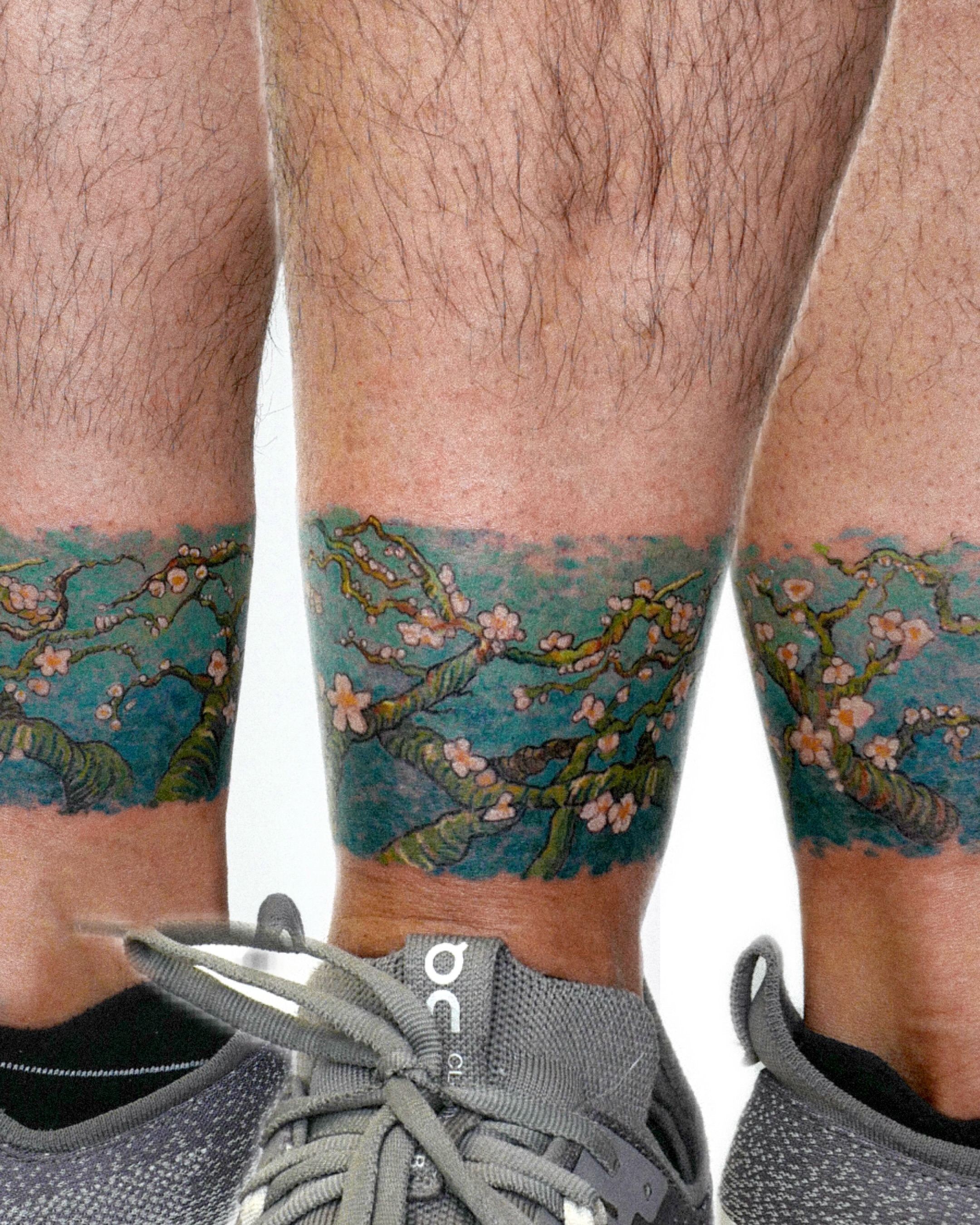 Almond blossom realism tattoo on the calf by dahye lee
