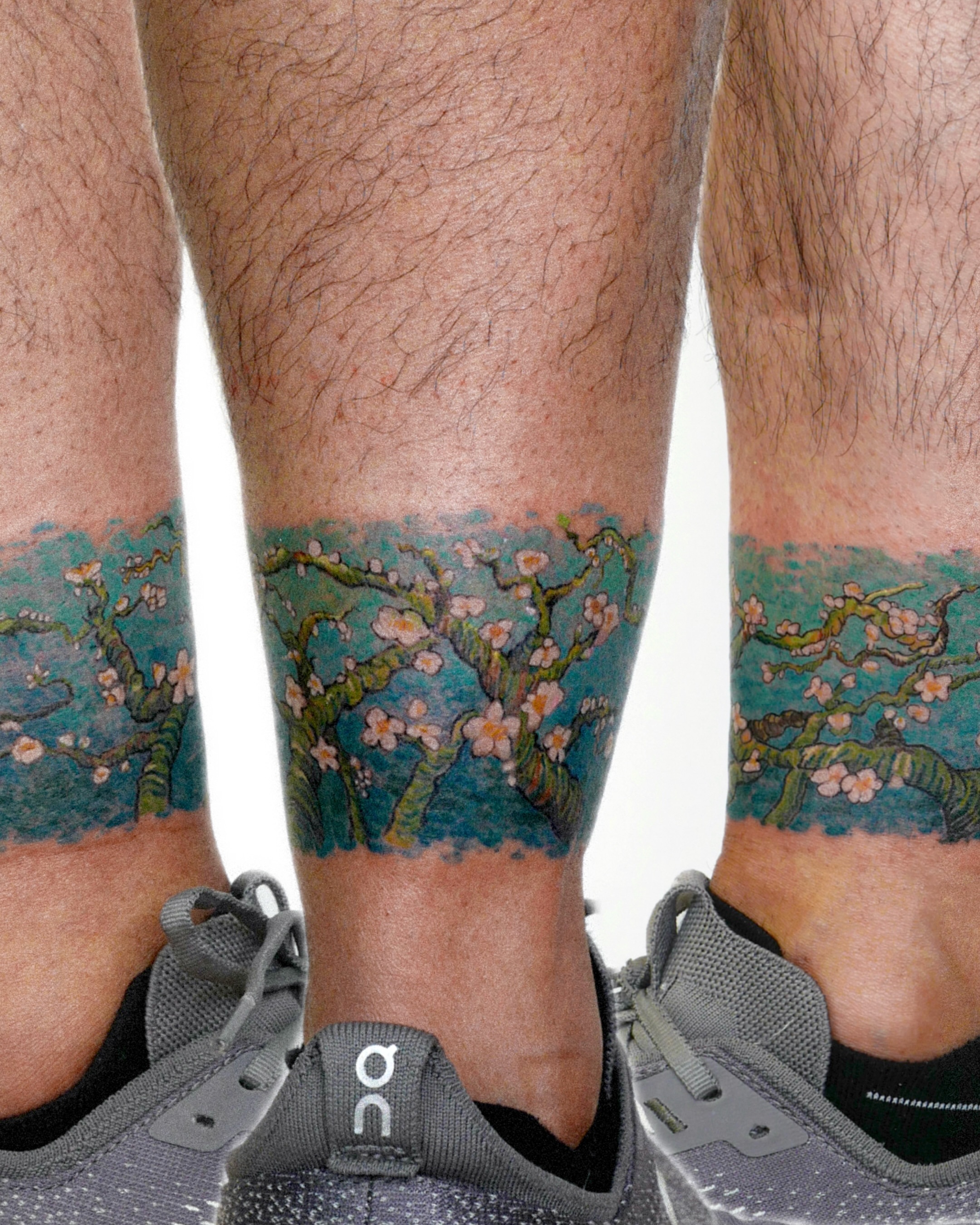 Almond blossoms watercolor tattoo on the calf by dahye lee