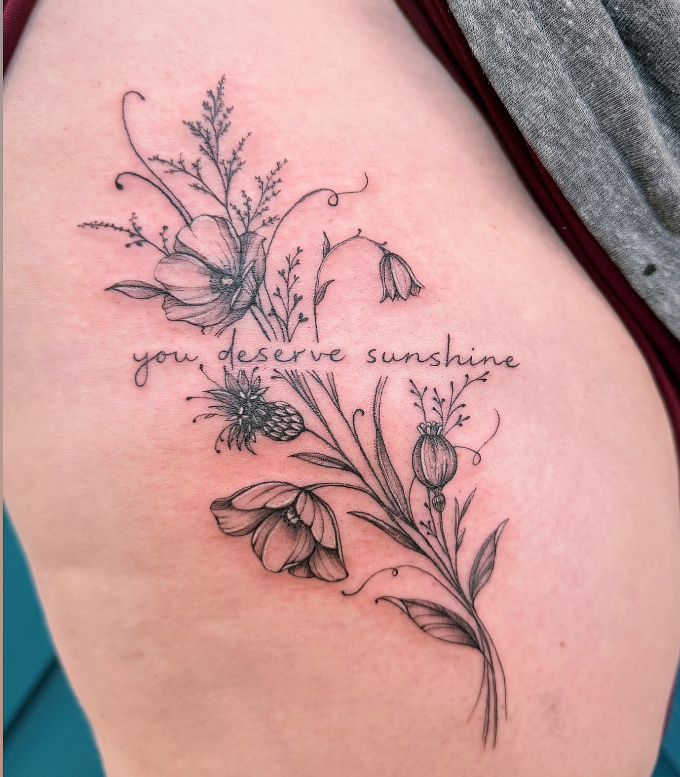 You deserve sunshine black and grey tattoo on the shoulder by Ink About Me - Amanda’s Fine Lines