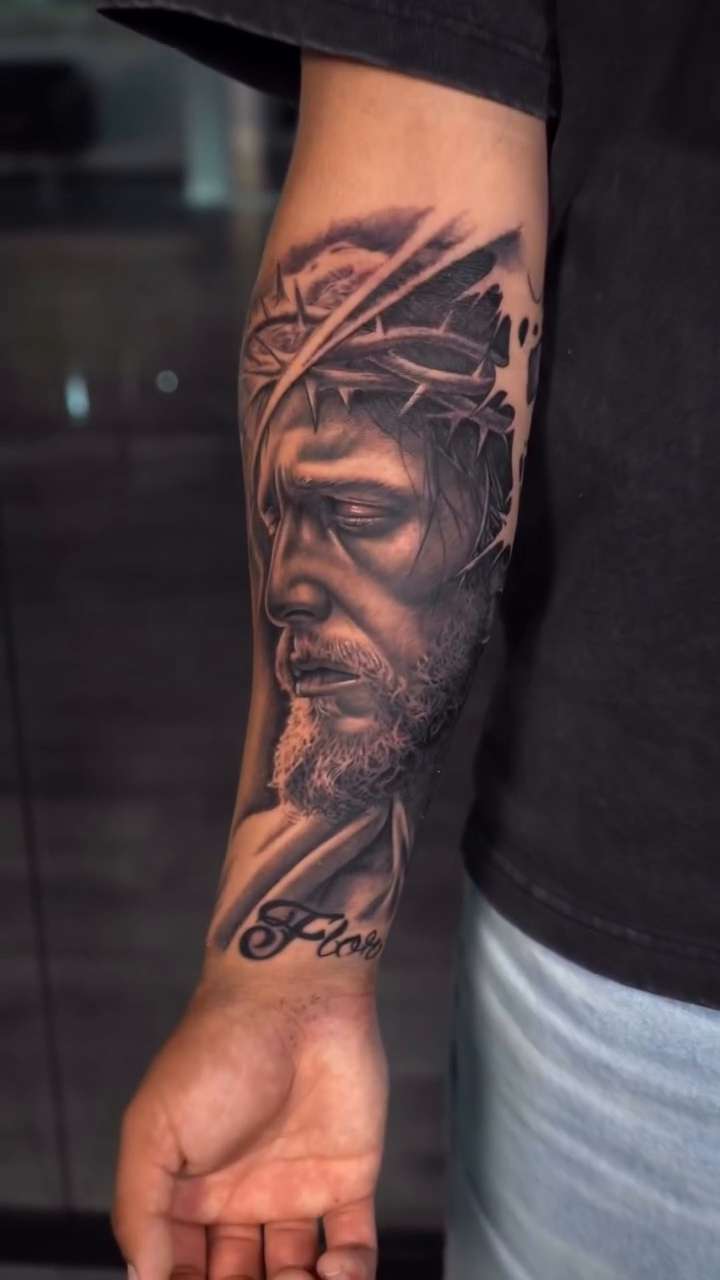 Jesus Christ portrait realism tattoo by Rafa