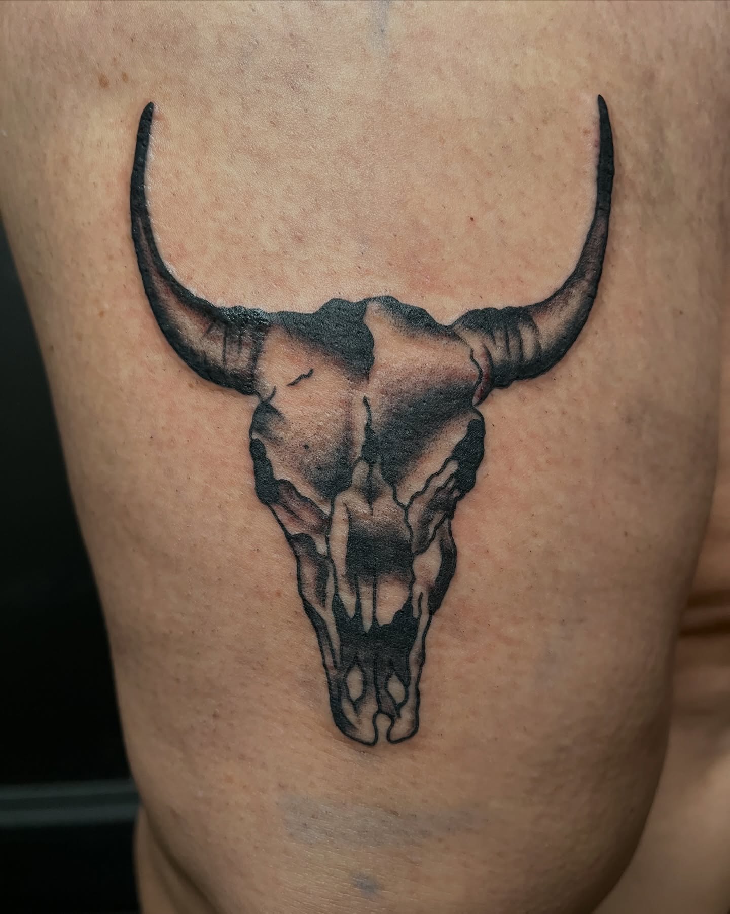 Bull skull black and grey tattoo on the thigh by Autumn**🍓NOW BOOKING