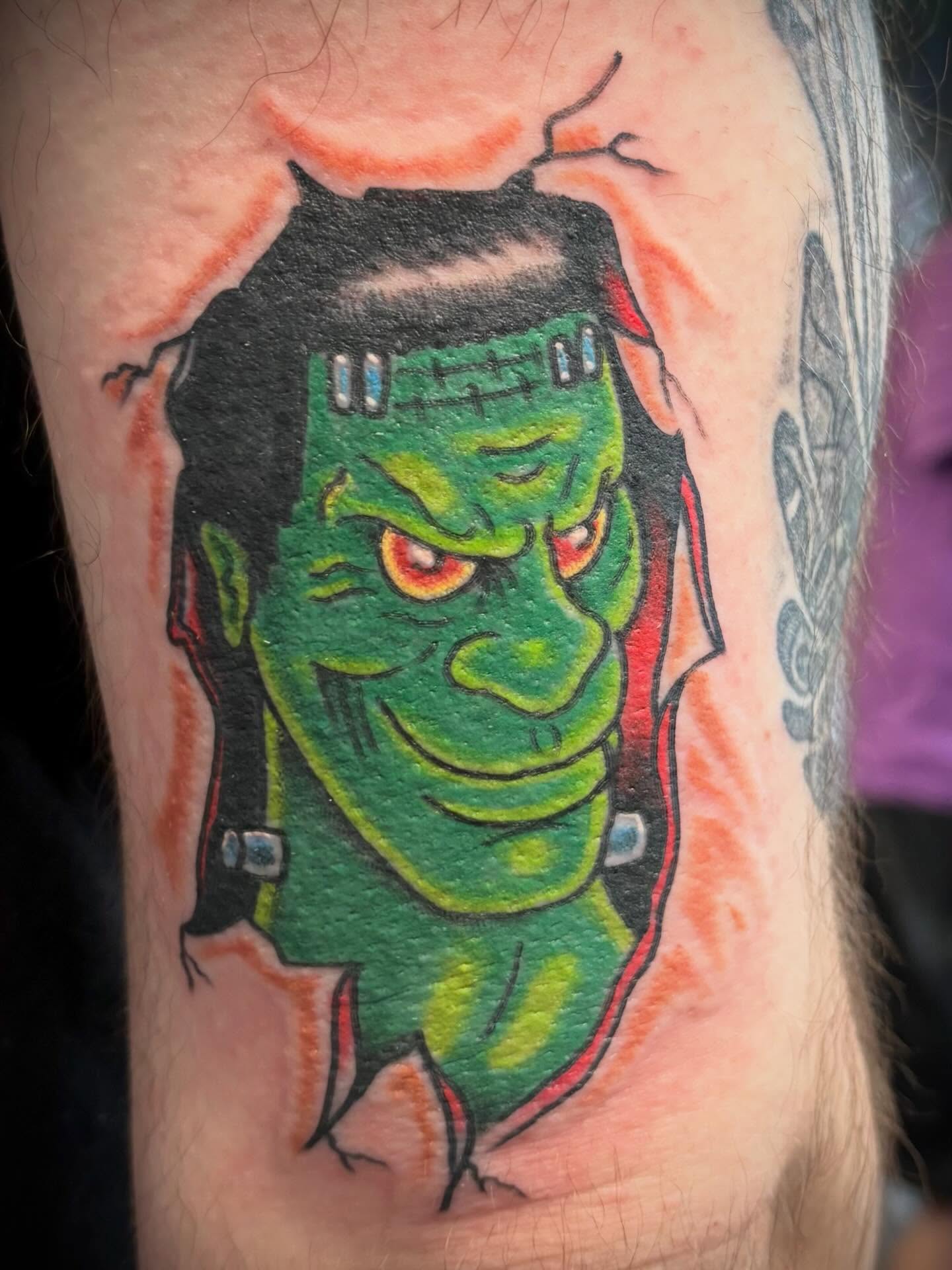 Frankenstein monster American traditional tattoo on the forearm by Gardner, Gardner, Massachusetts