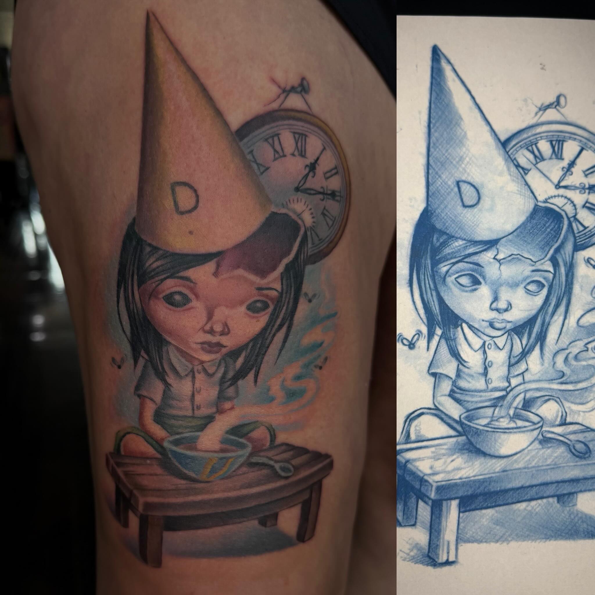 Girl with dunce cap realism tattoo on the thigh by Paul Hicks