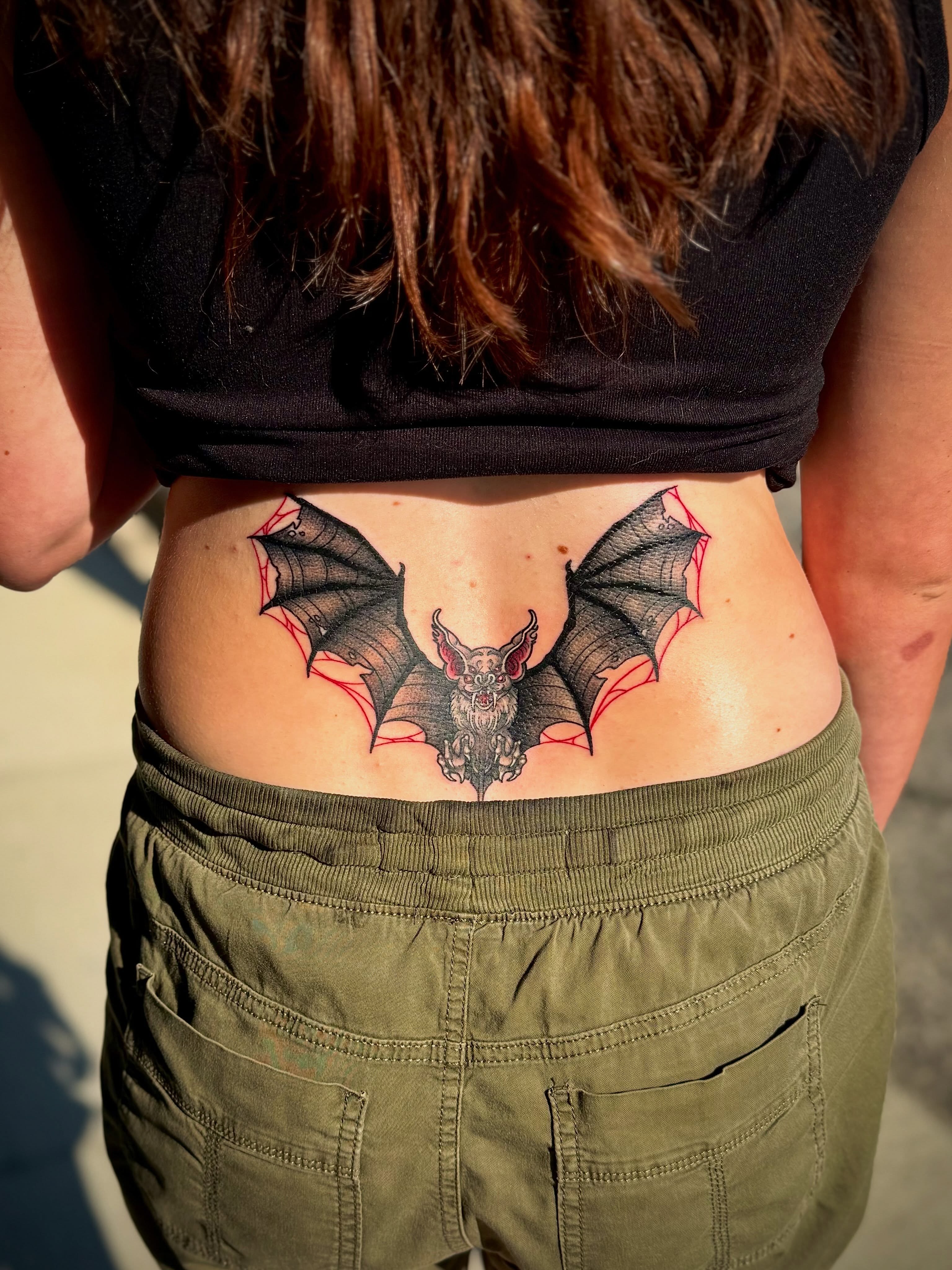 Bat black and grey tattoo by Ashley Kayser