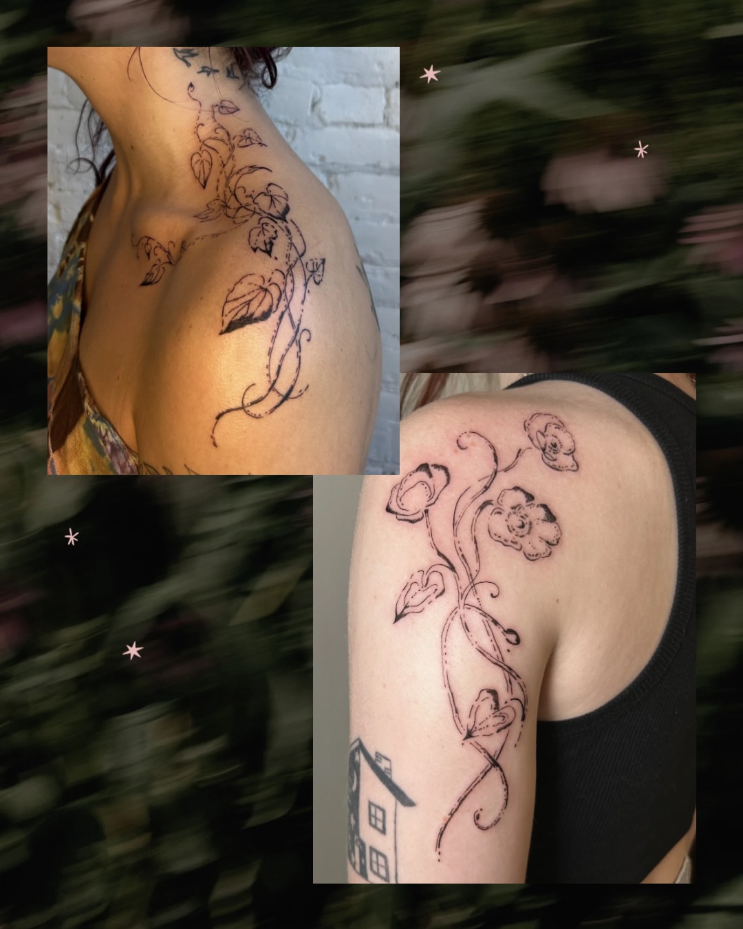 Floral vine fine line tattoo on the shoulder by wanderfernfairy