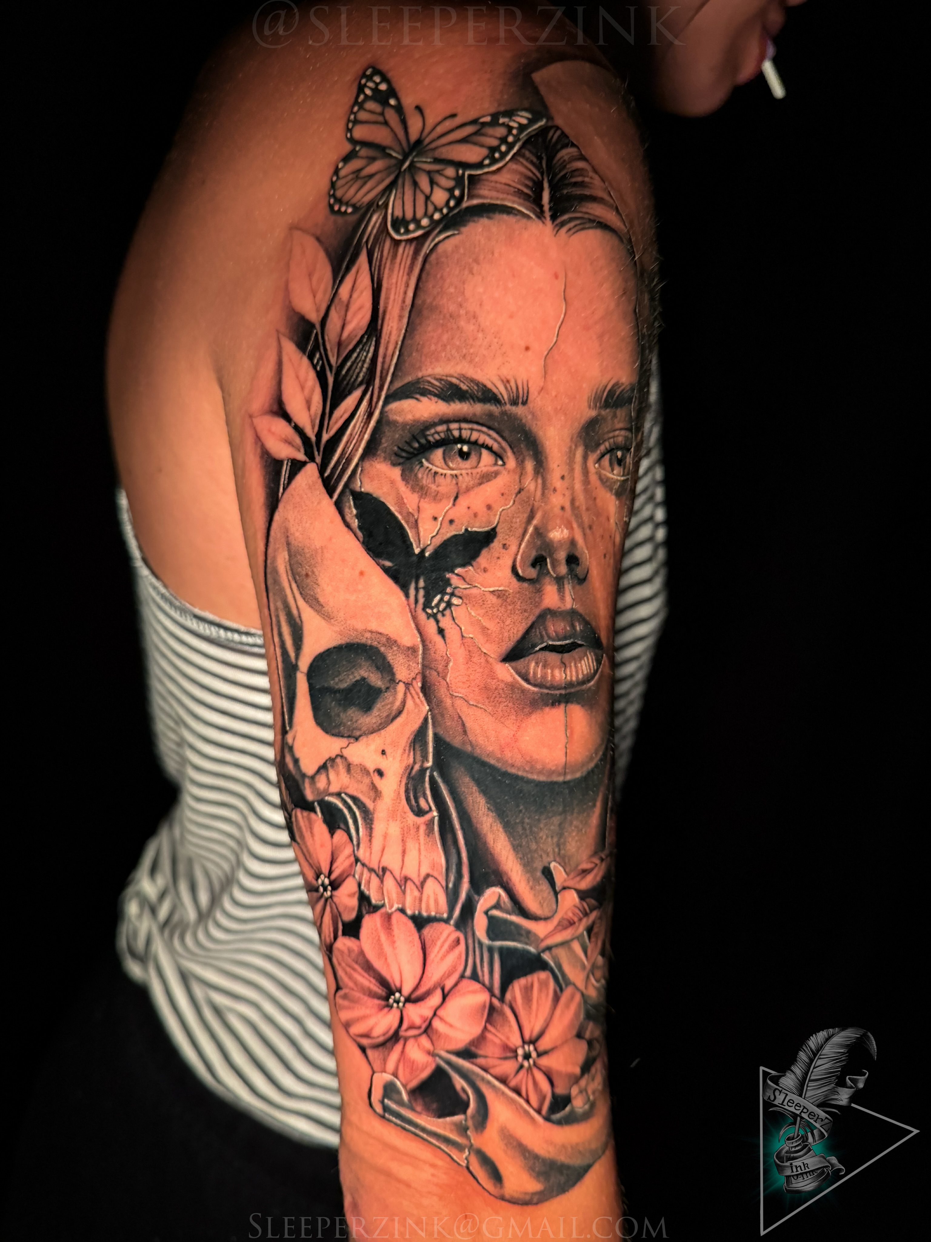 Woman's face with skull realism tattoo on the forearm by Travis Sleeper