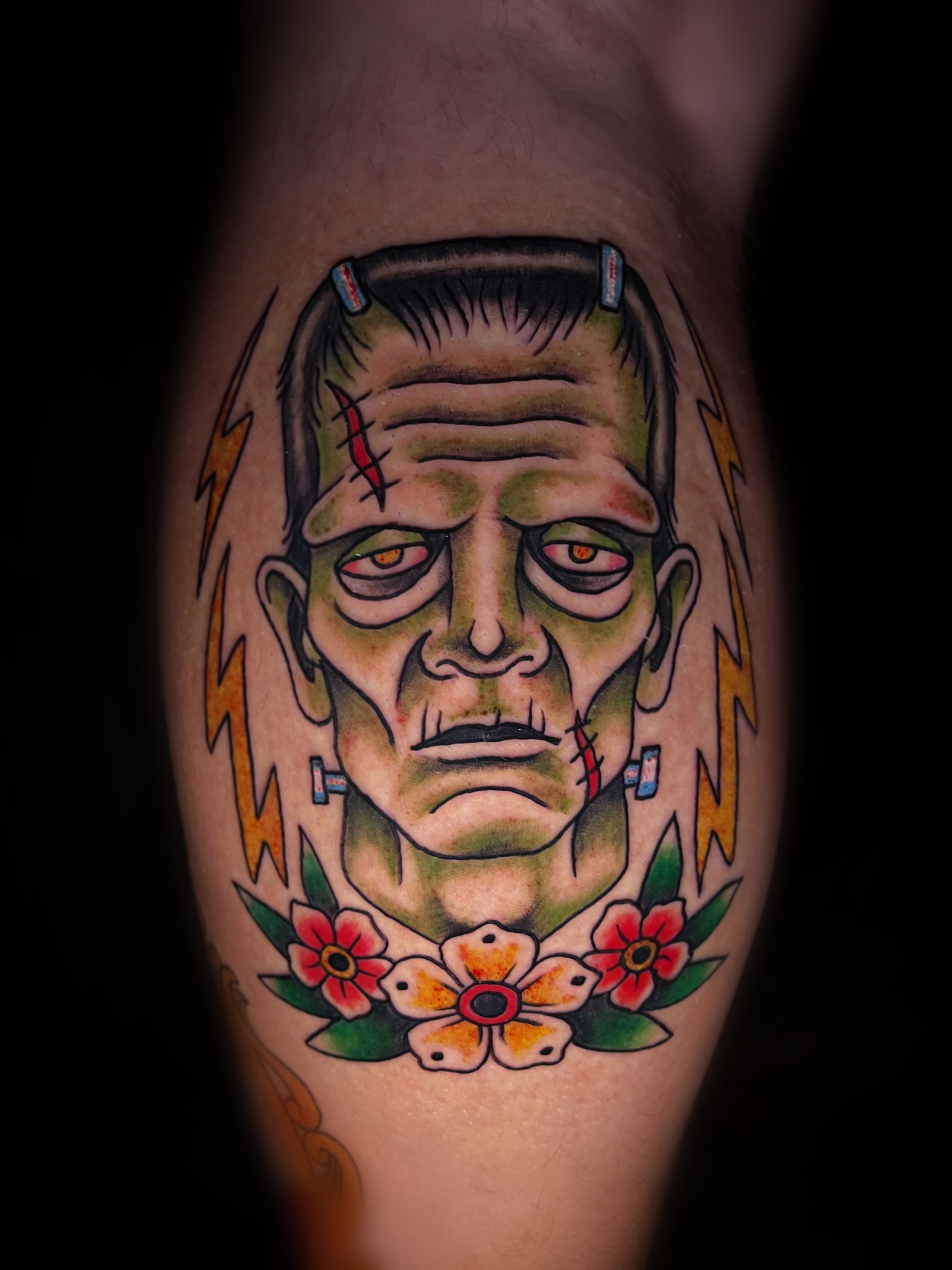 Frankenstein American traditional tattoo on the thigh by Saint