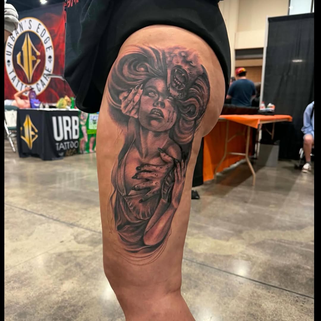 Tattoo by @blackspidertattoo — black_and_grey, realism