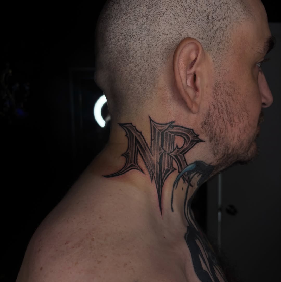 Lettering black and grey tattoo on the neck by 🔥Zoë Zahasky Tattoos🔥