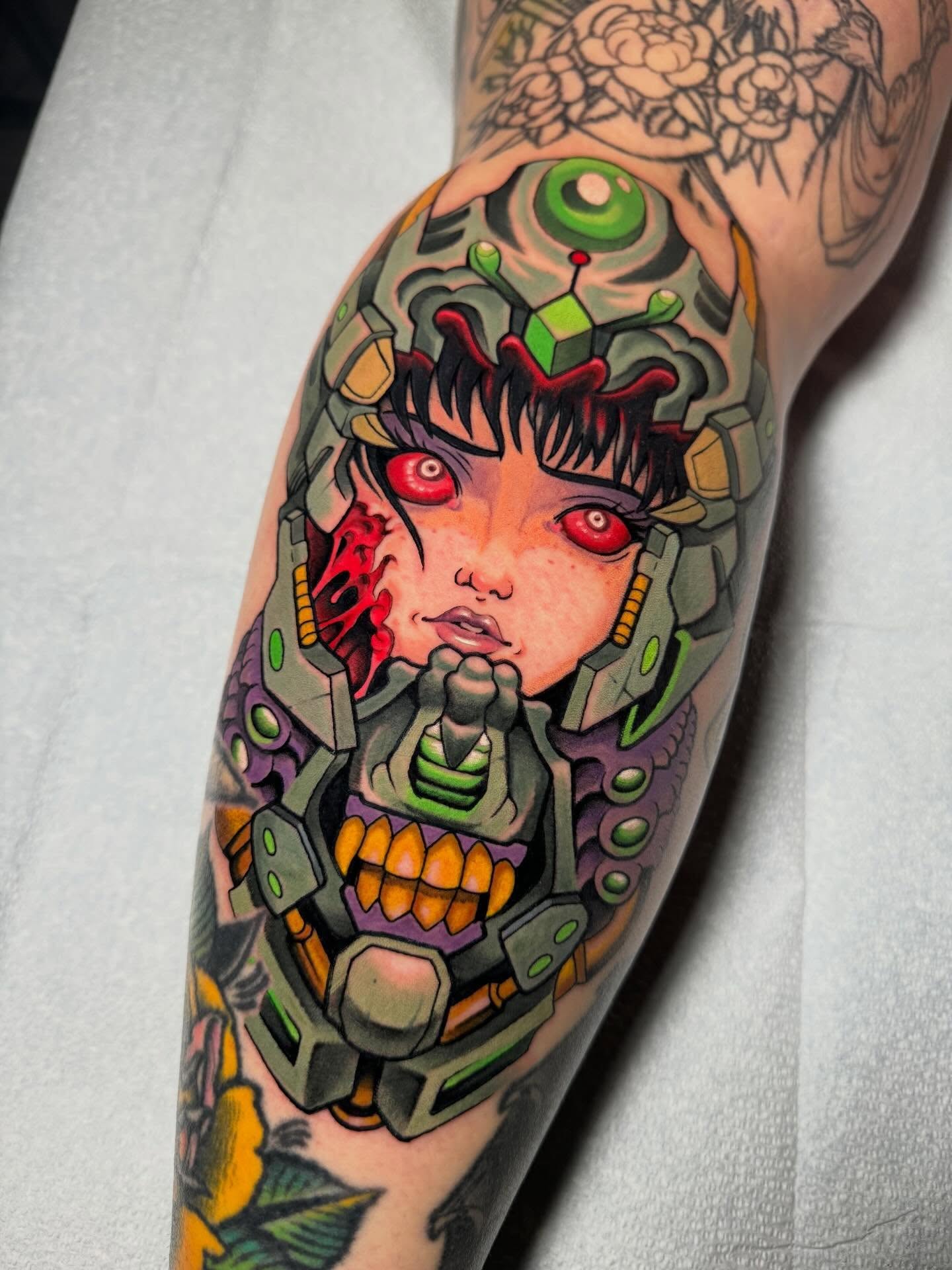 Cyborg woman anime tattoo on the forearm by Hayden Combs
