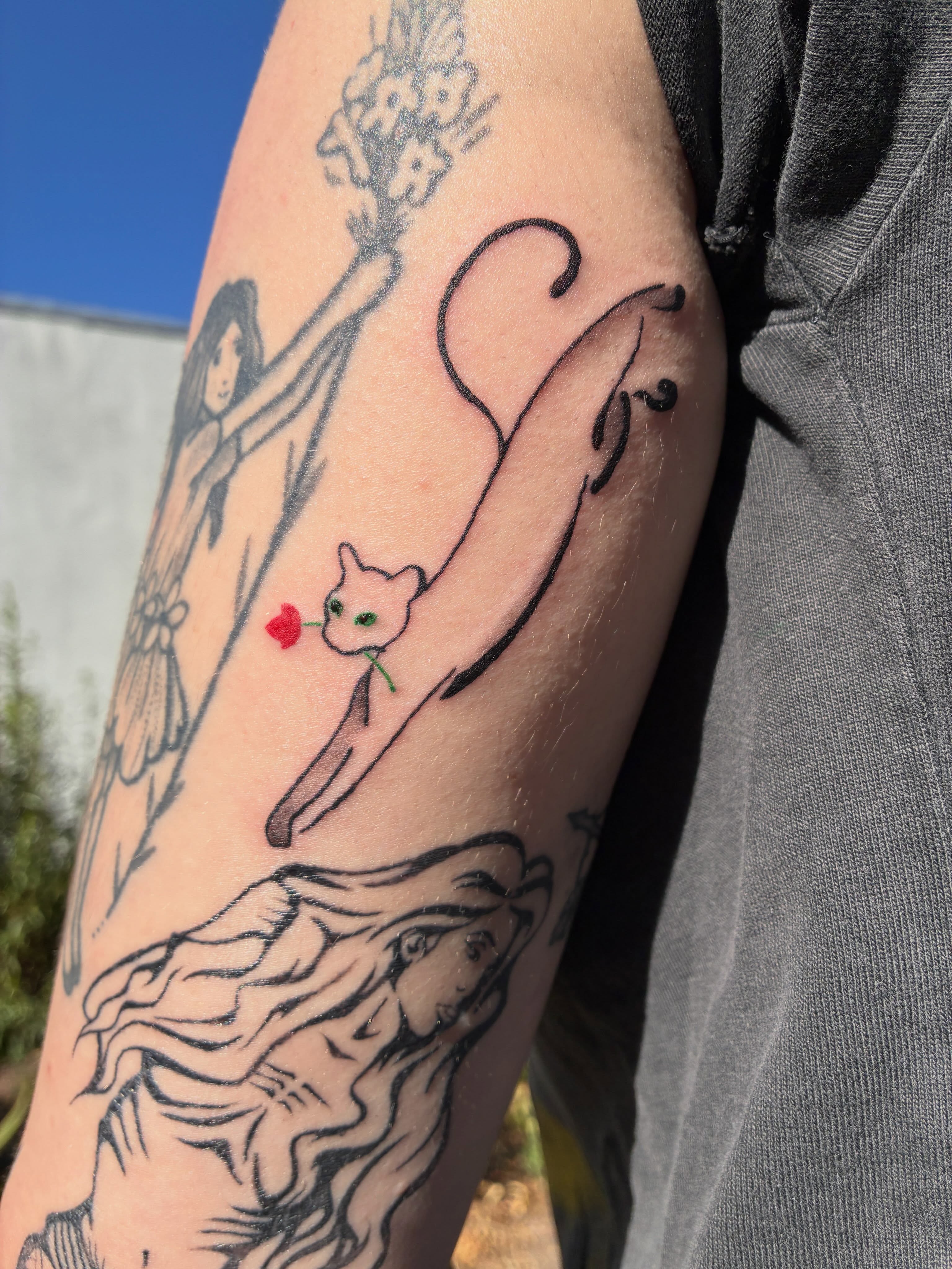 Cat with heart dotwork tattoo on the forearm by Xin.H