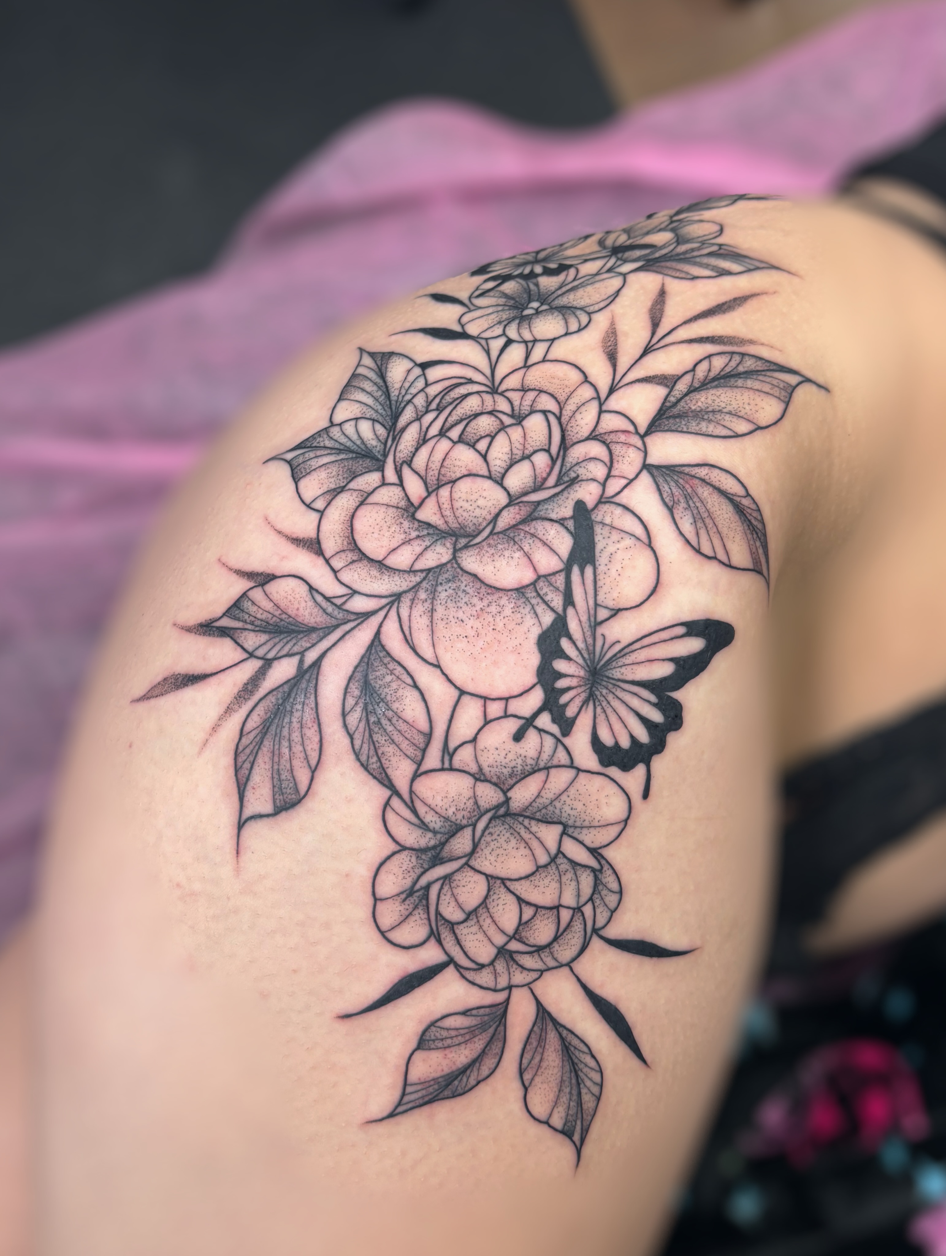 Peony and butterfly dotwork tattoo on the shoulder by ✿ sadie winter ✿