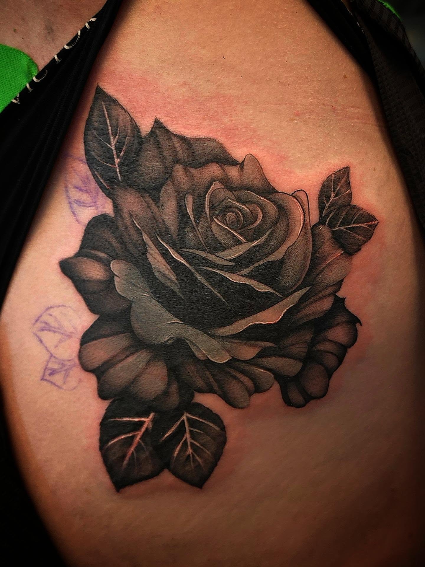 Rose black and grey tattoo on the chest by Danielle Elizabeth