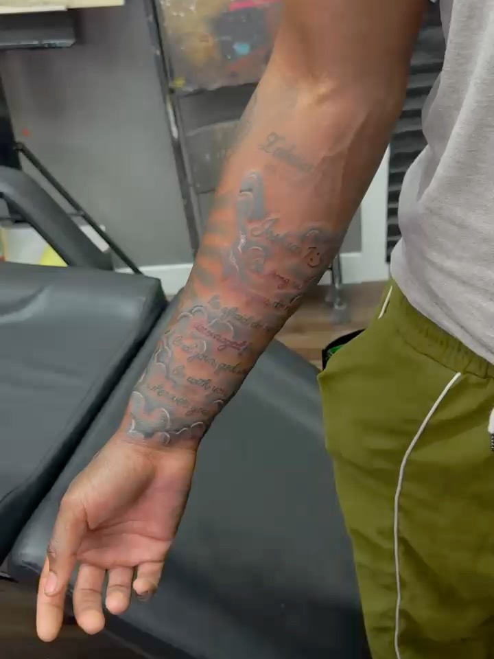 Script lettering lettering script tattoo on the forearm by Mariš¤, Chicago, Illinois
