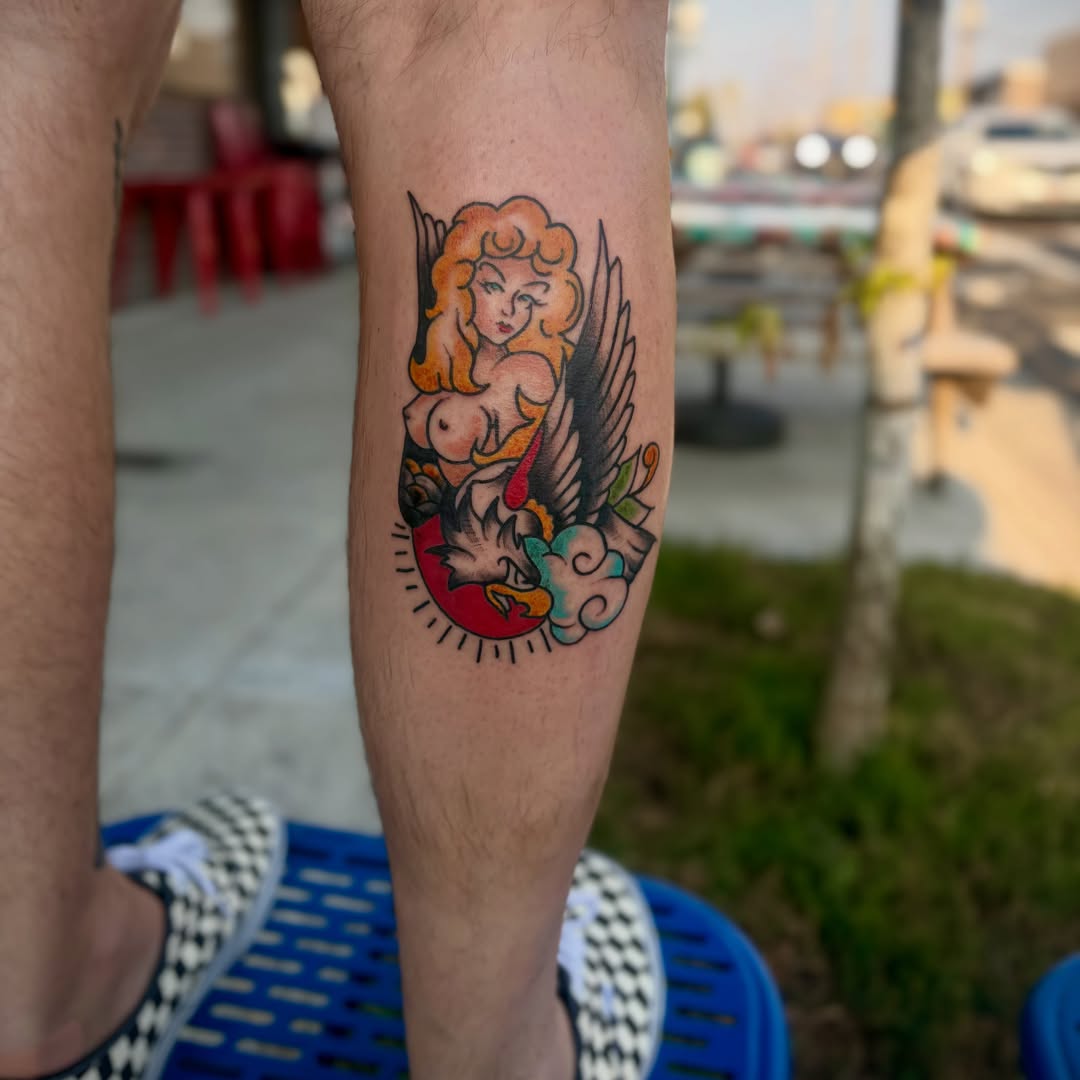 Winged woman American traditional tattoo on the forearm by Lauren Deets