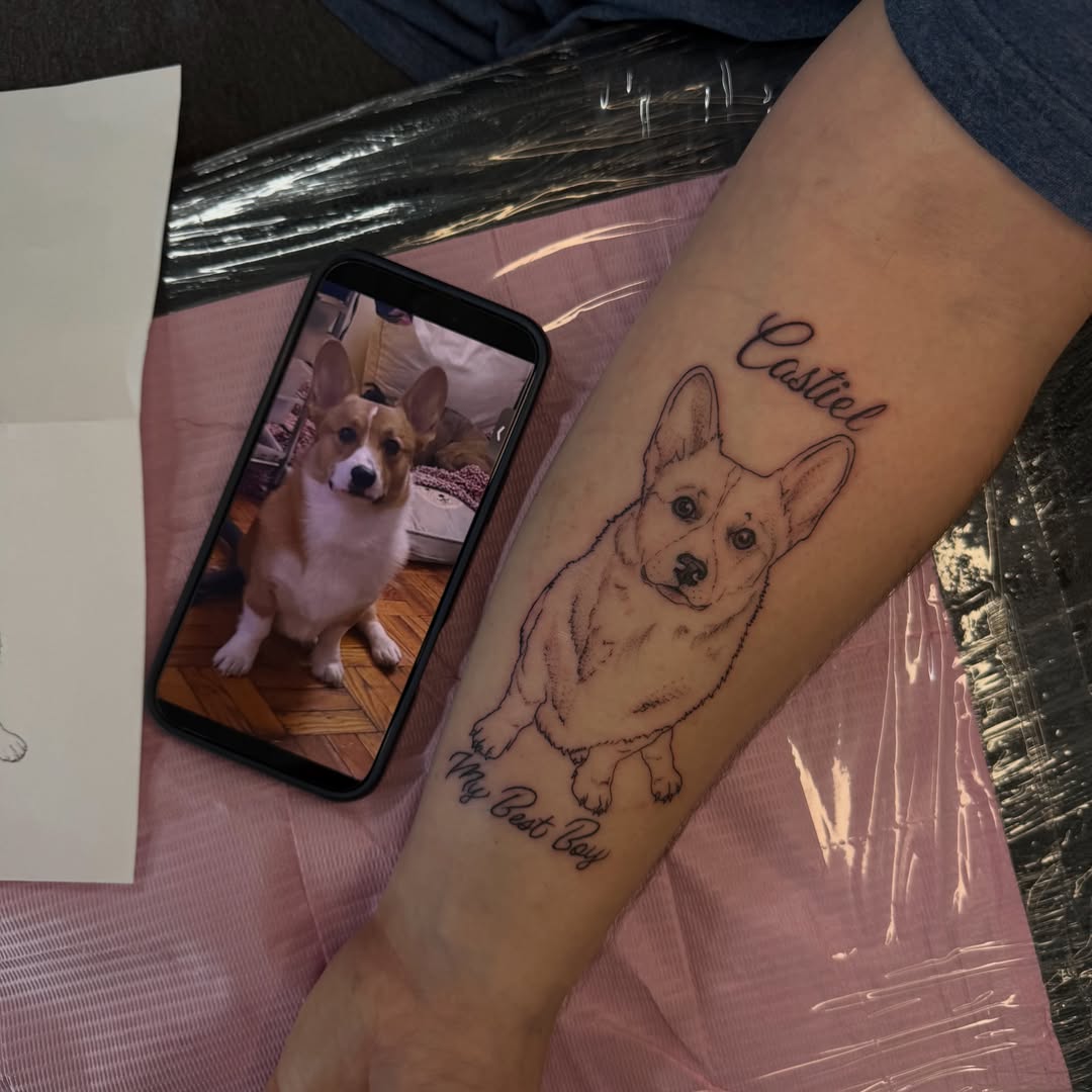 Corgi realism tattoo on the forearm by Nina Nichole