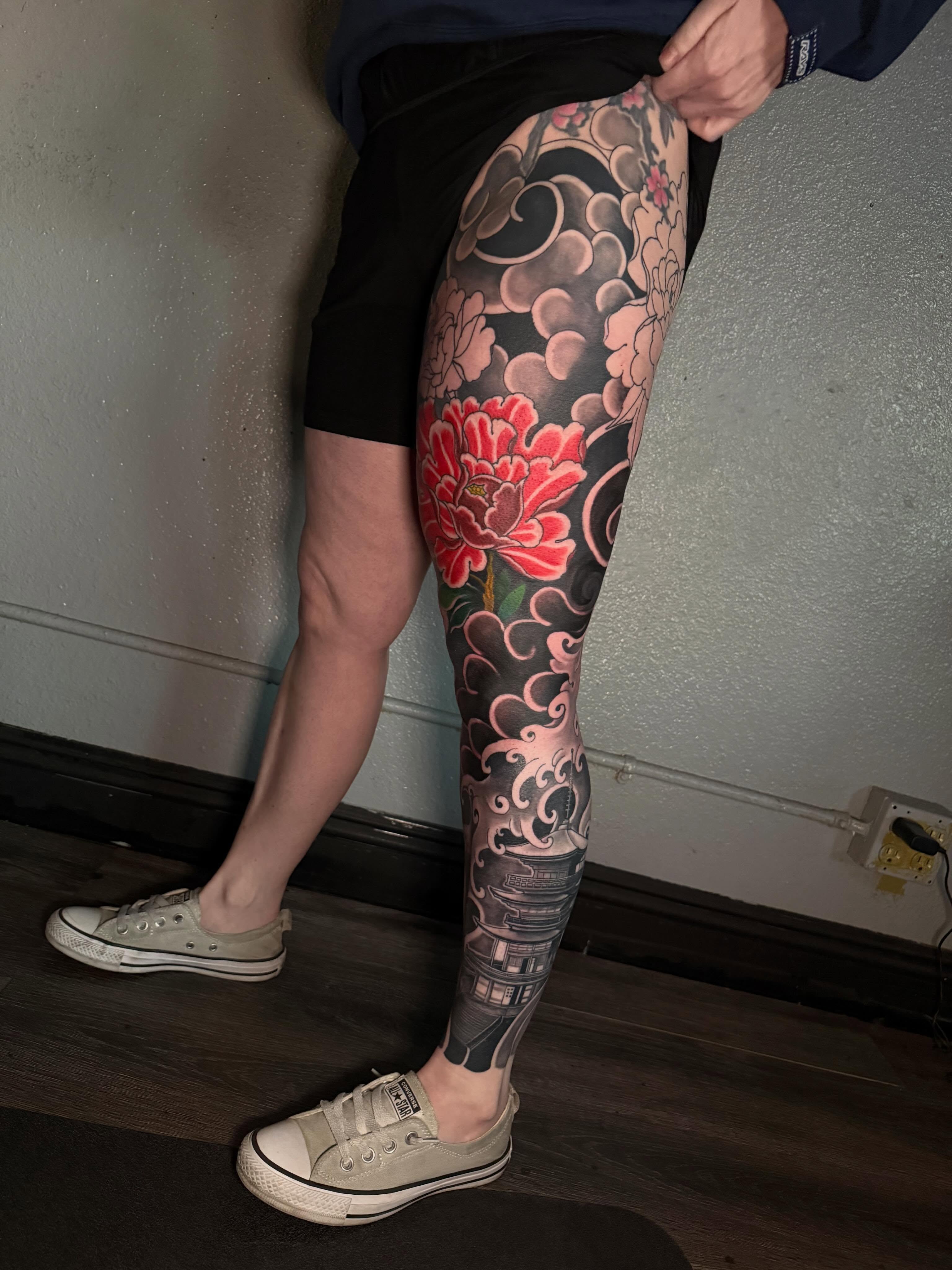 Peony and clouds japanese irezumi tattoo on the leg by Daniel Gutierrez