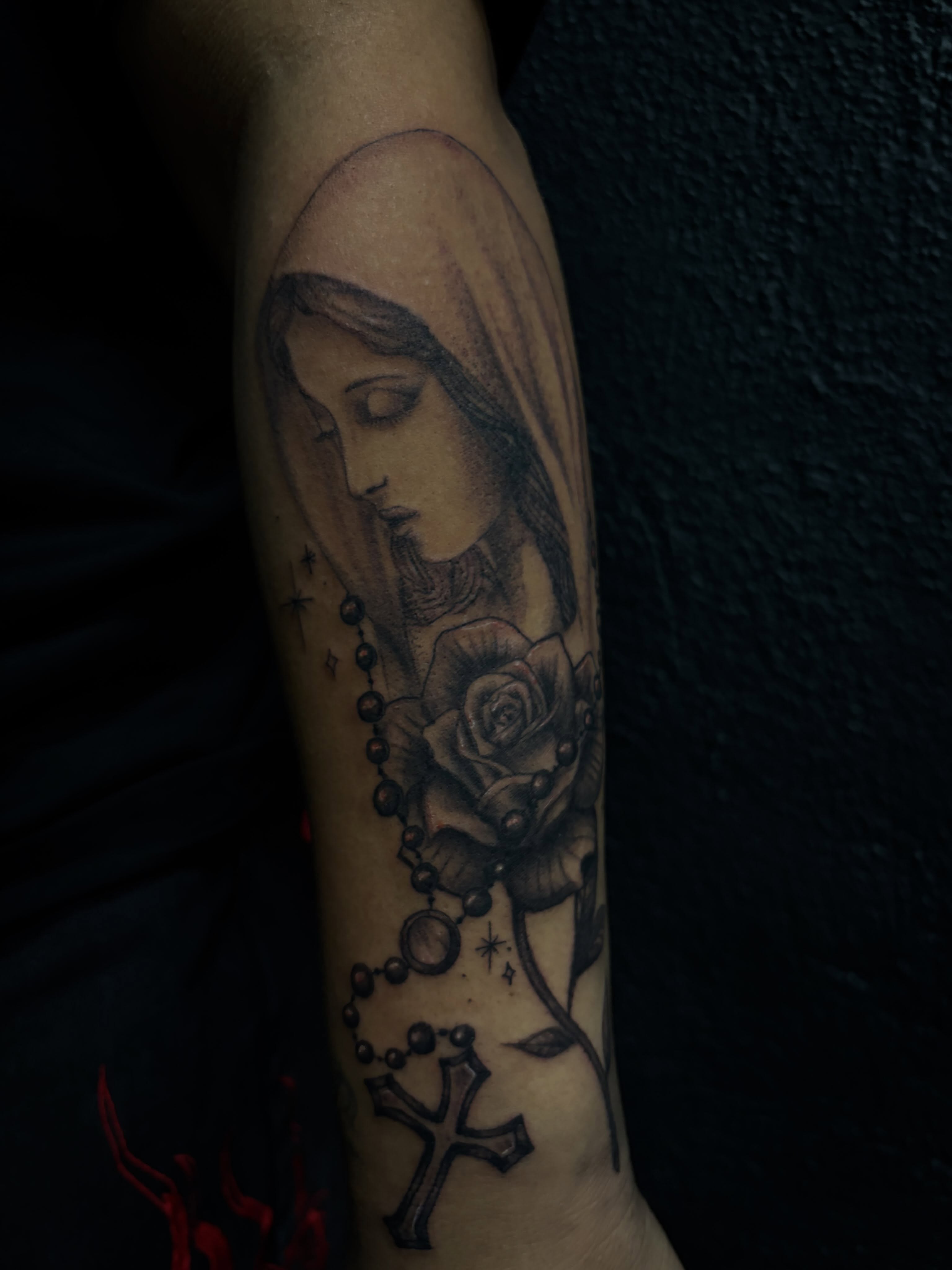 Religious icon realism tattoo on the forearm by Tattoo Artist Lilliann:)