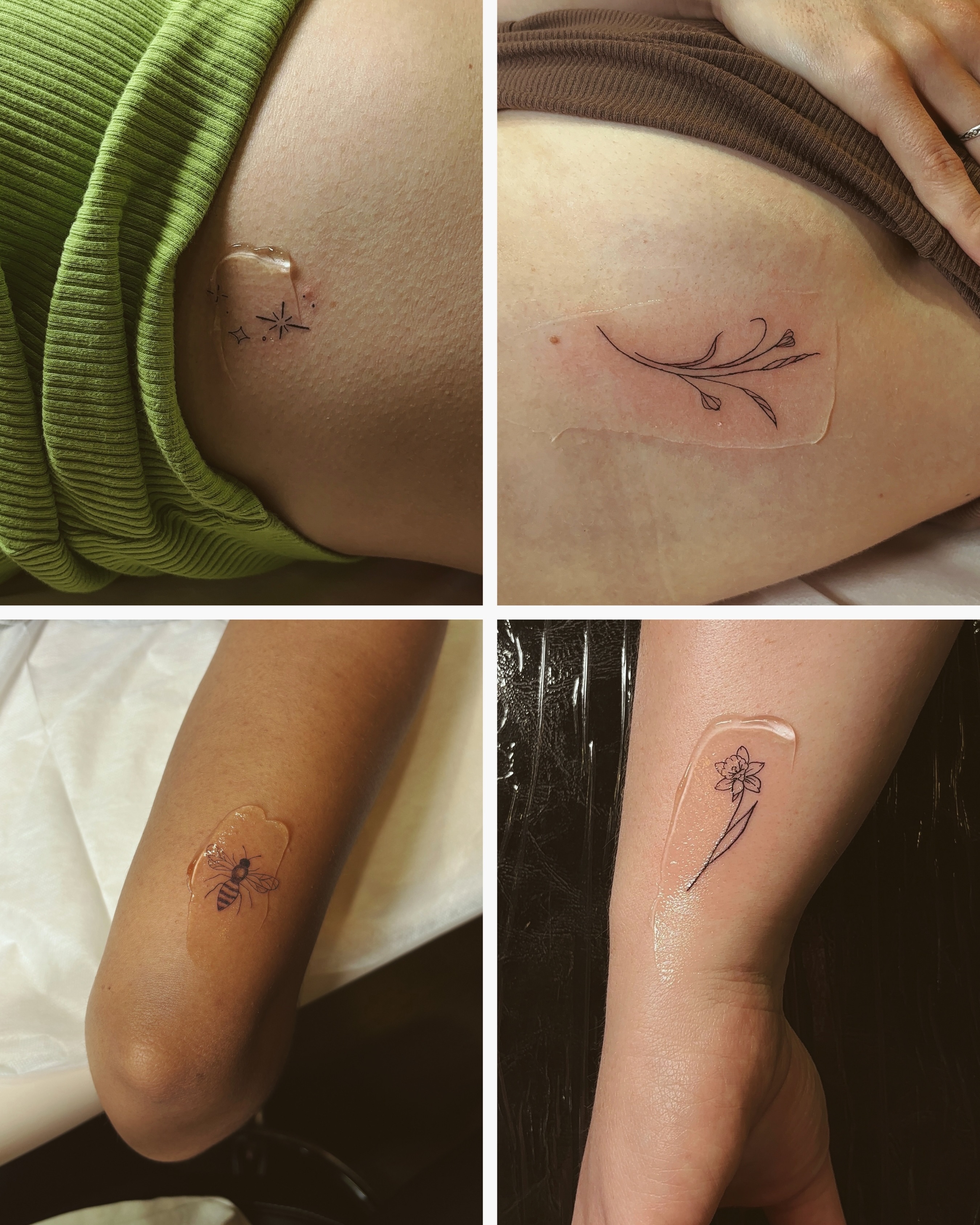 Flower fine line tattoo on the thigh by Allie
