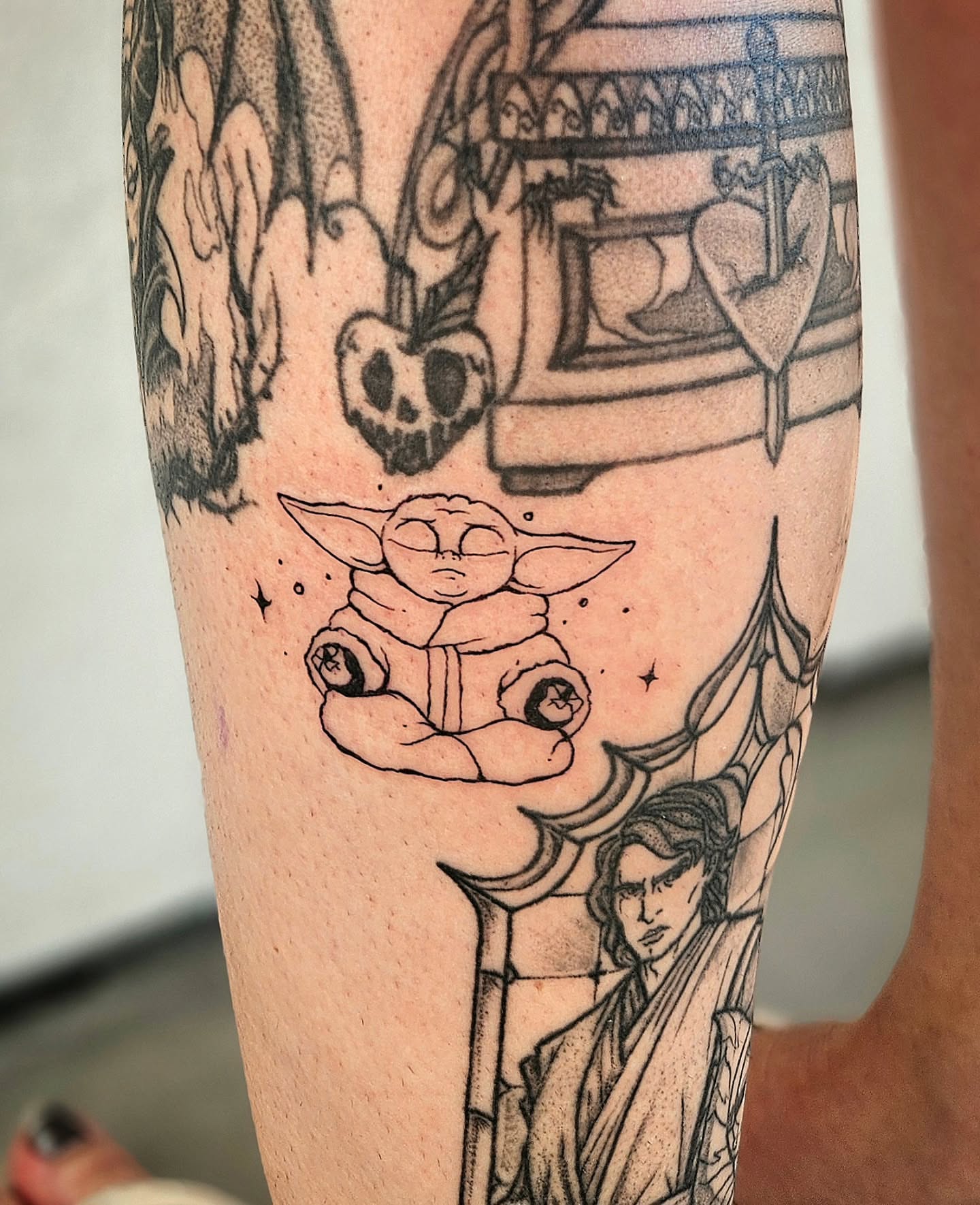 Baby Yoda dotwork tattoo on the forearm by Lina ๐ป