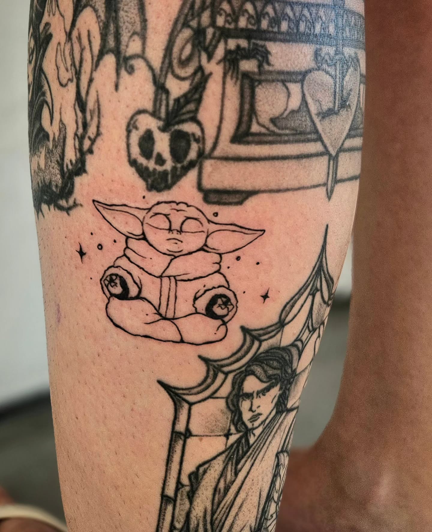 Baby Yoda dotwork tattoo on the forearm by Lina ๐ป