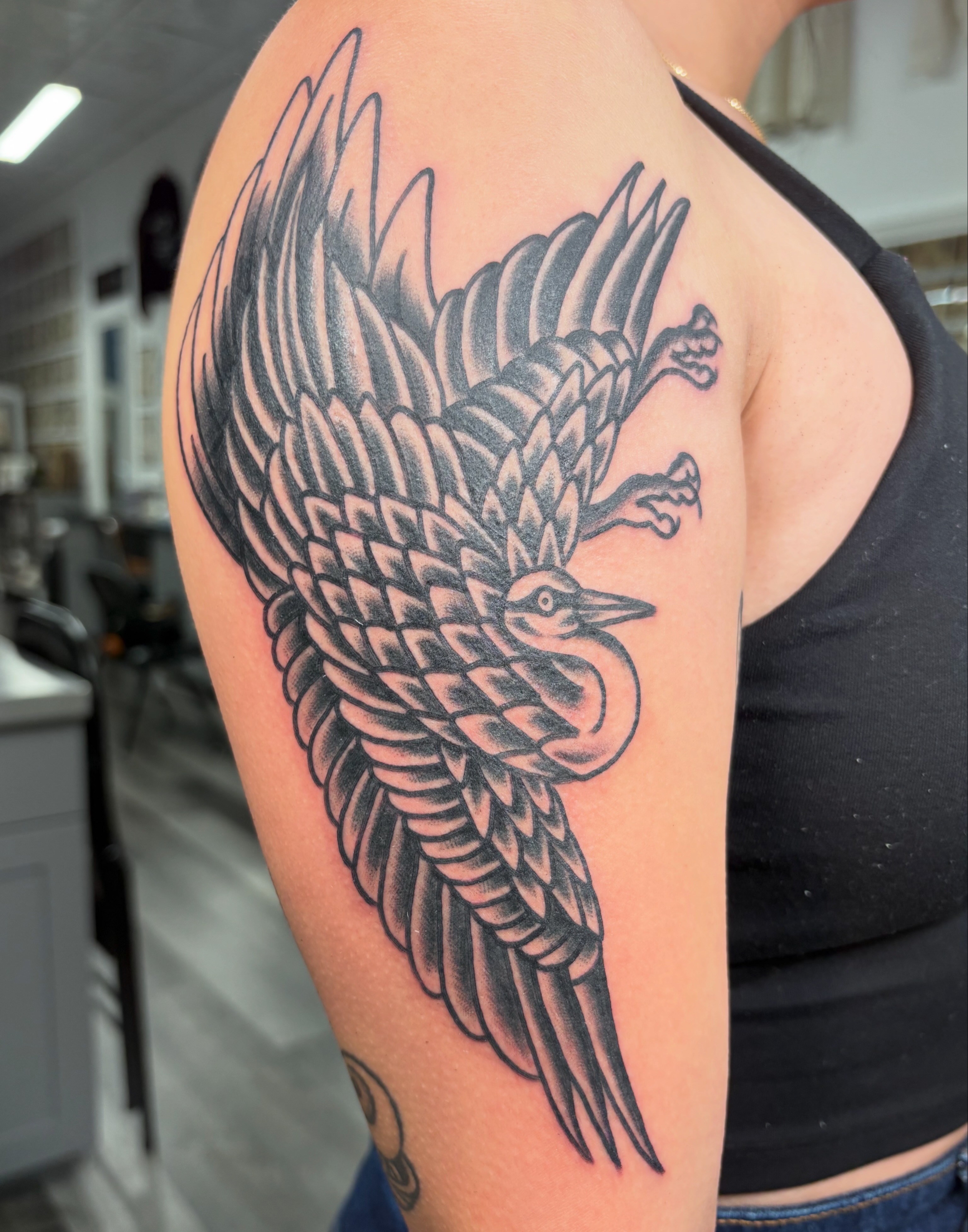 Bird American traditional tattoo on the shoulder by Aysia Mankin-Wong, San Francisco, California