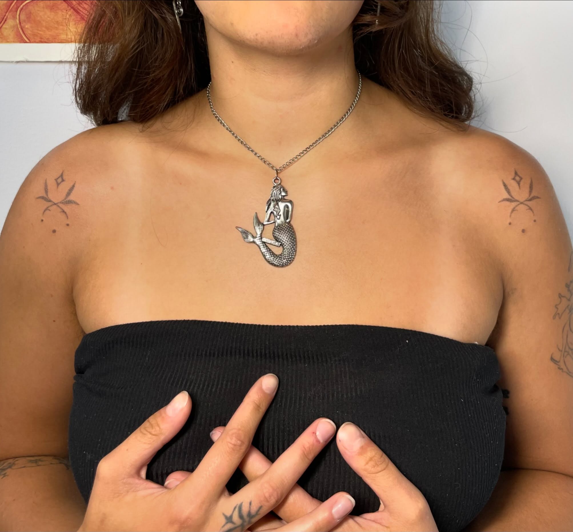 Mermaid black and grey tattoo on the chest by Quin