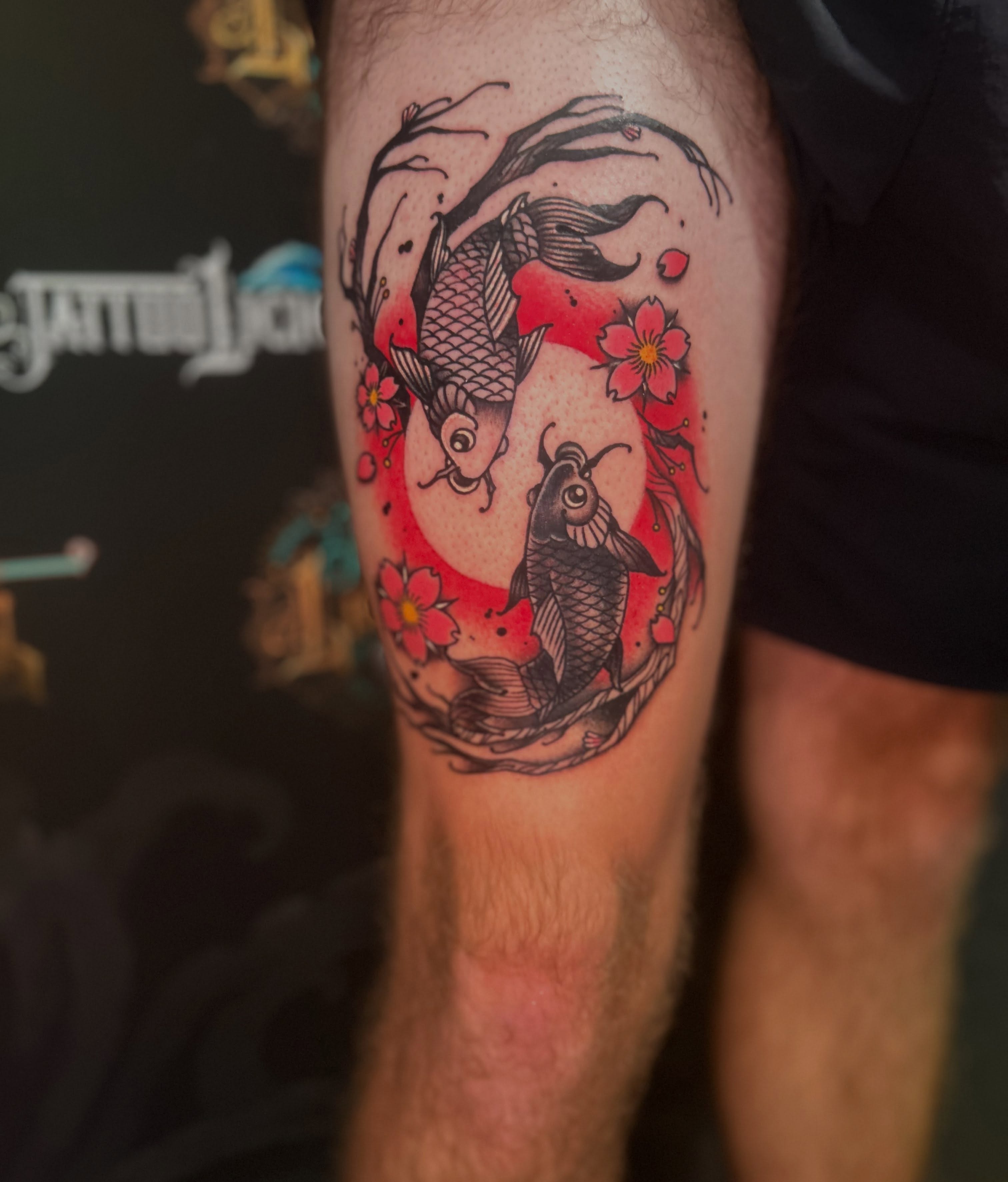 Koi fish and cherry blossoms japanese irezumi tattoo on the forearm by Daemion