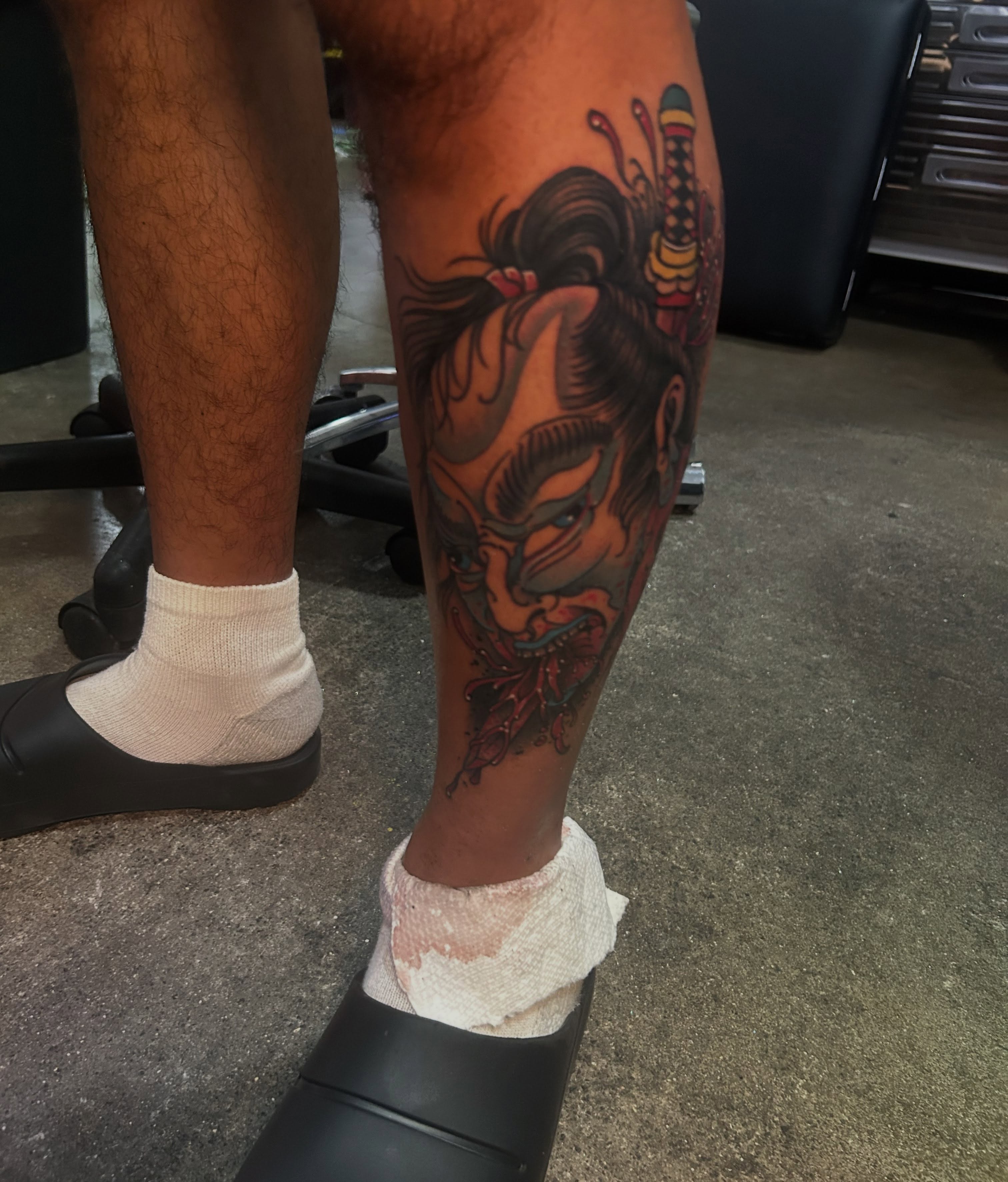 Demon mask japanese irezumi tattoo on the calf by Daemion