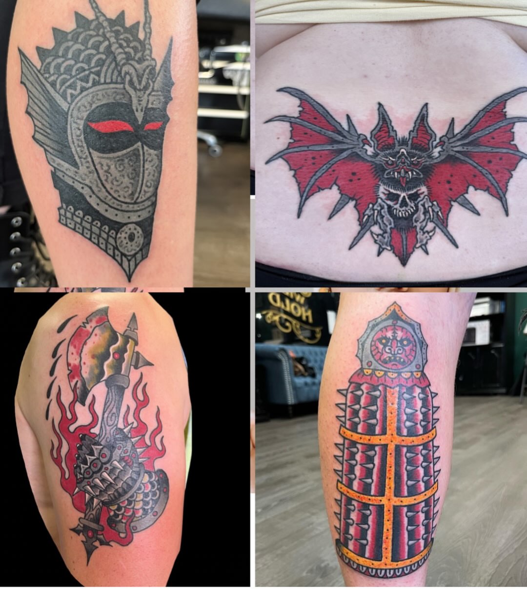 Mask American traditional tattoo on the thigh by Joe Truck