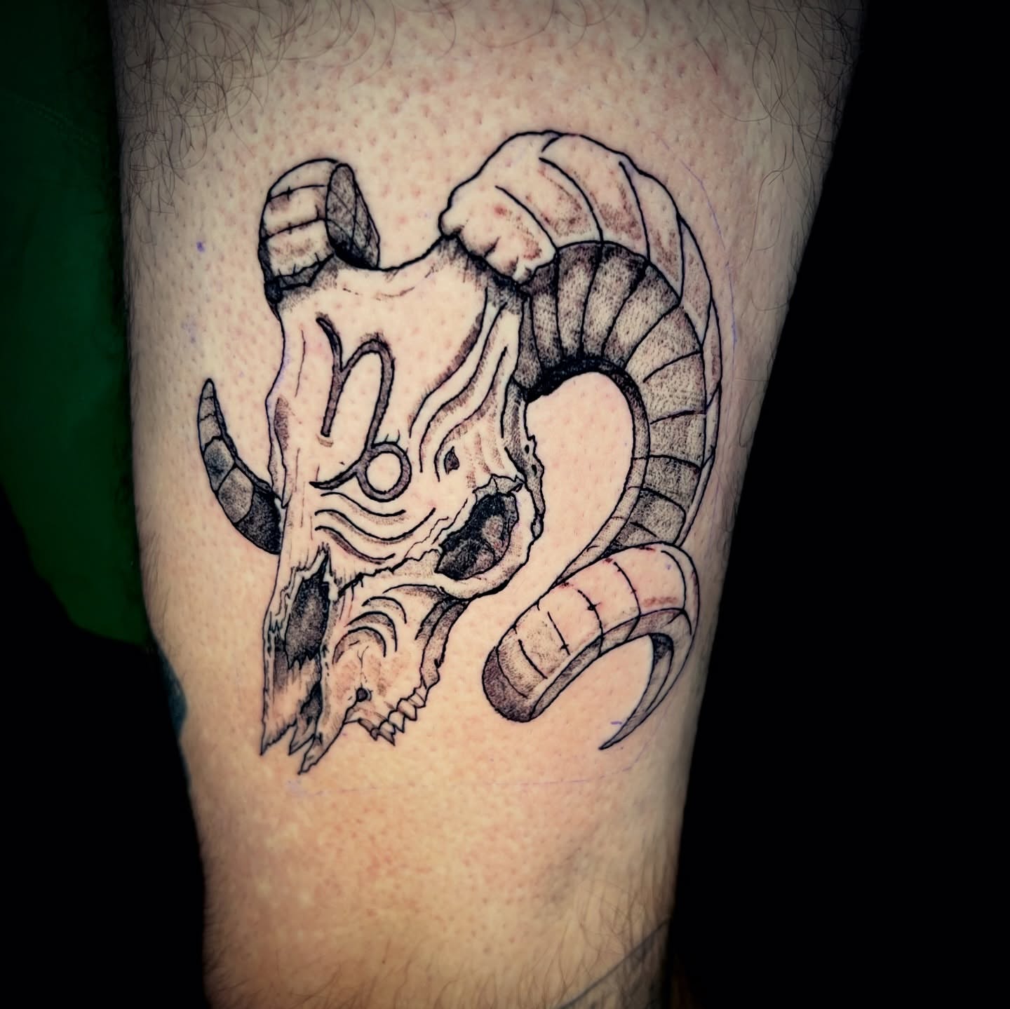 Ram skull black and grey tattoo on the forearm by Evan Intveld
