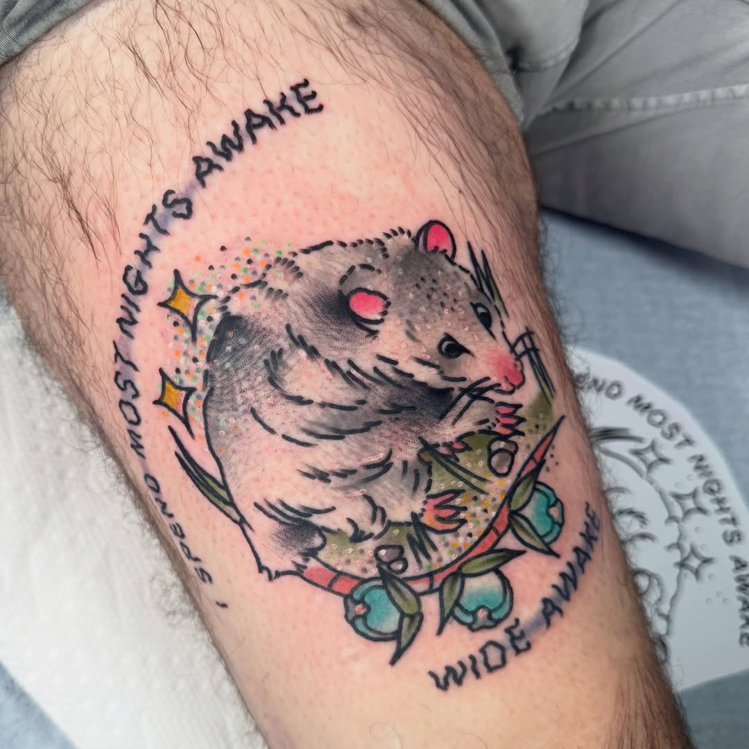 Hamster American traditional tattoo on the thigh by Kurt Brecheis Jr., Malvern, Pennsylvania