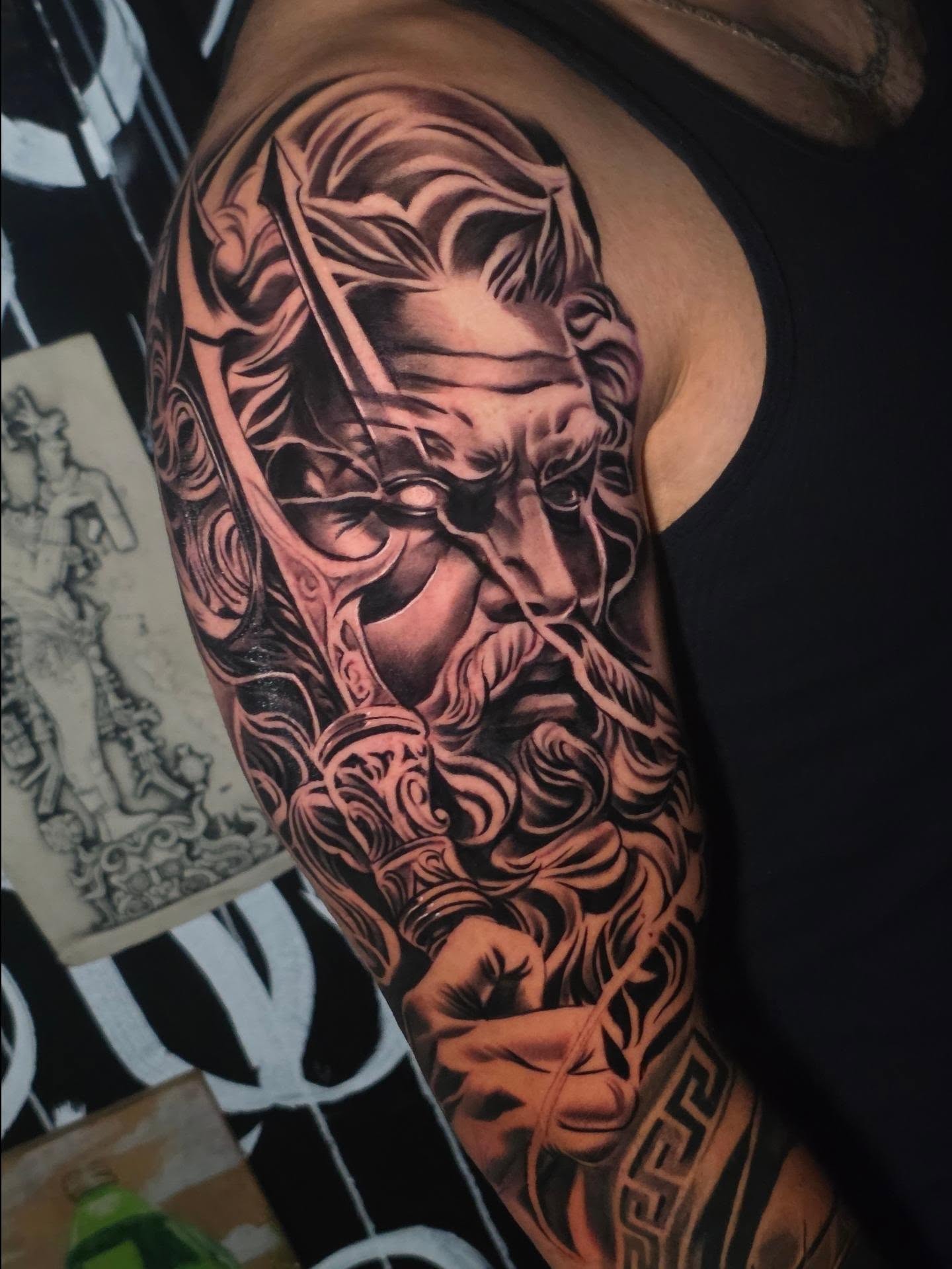 God-like figure realism tattoo on the shoulder by Tattoo Seez, Wichita, Kansas